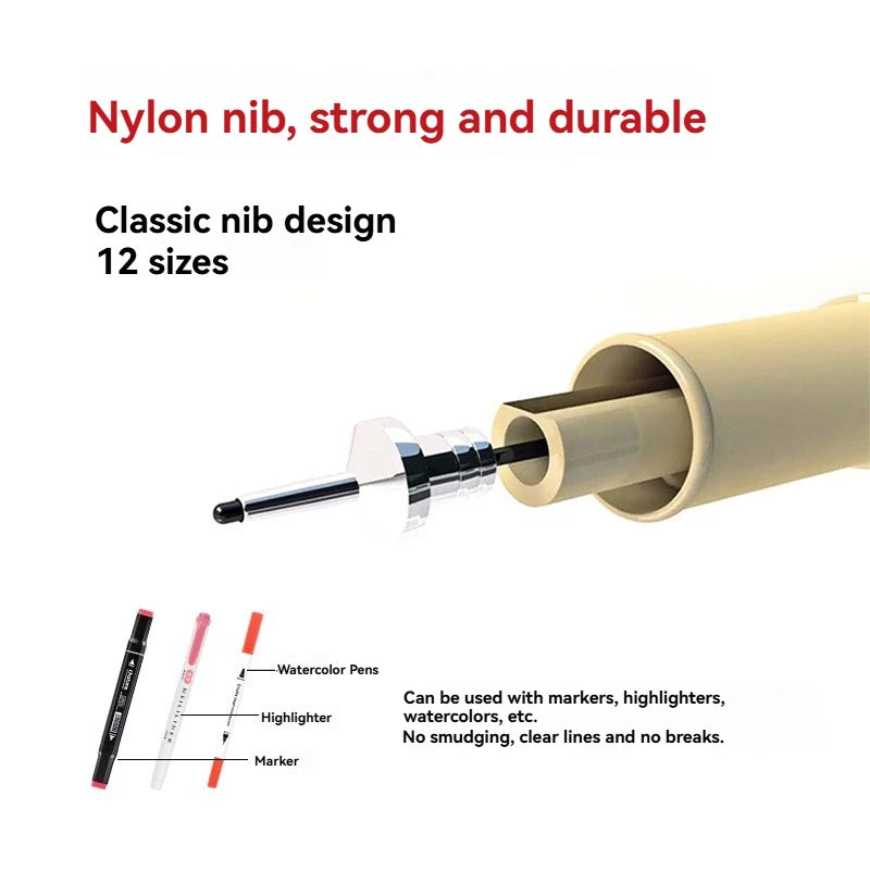 12 Tip Pigment Liner Micron Ink Marker Pen for Manga Draw Sketching Needle Pen Hook Line Pen Sketch Stationery Set Art Supplies