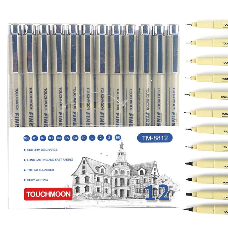 12 Tip Pigment Liner Micron Ink Marker Pen for Manga Draw Sketching Needle Pen Hook Line Pen Sketch Stationery Set Art Supplies
