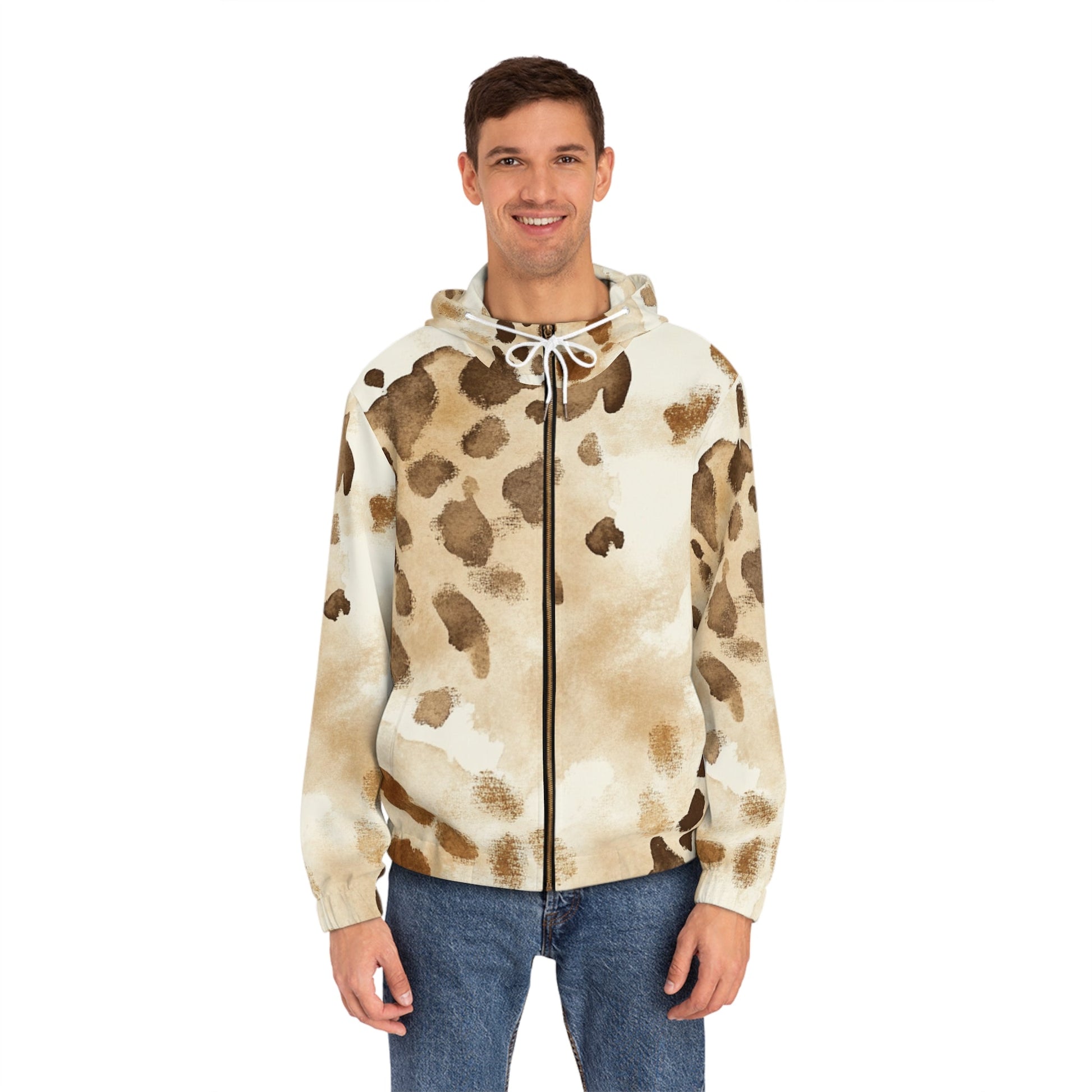 Beige and Brown Spotted Full Zip Hoodie, Artsulli - Art is Long, Life is Short, All Over Prints, , , , , , , 