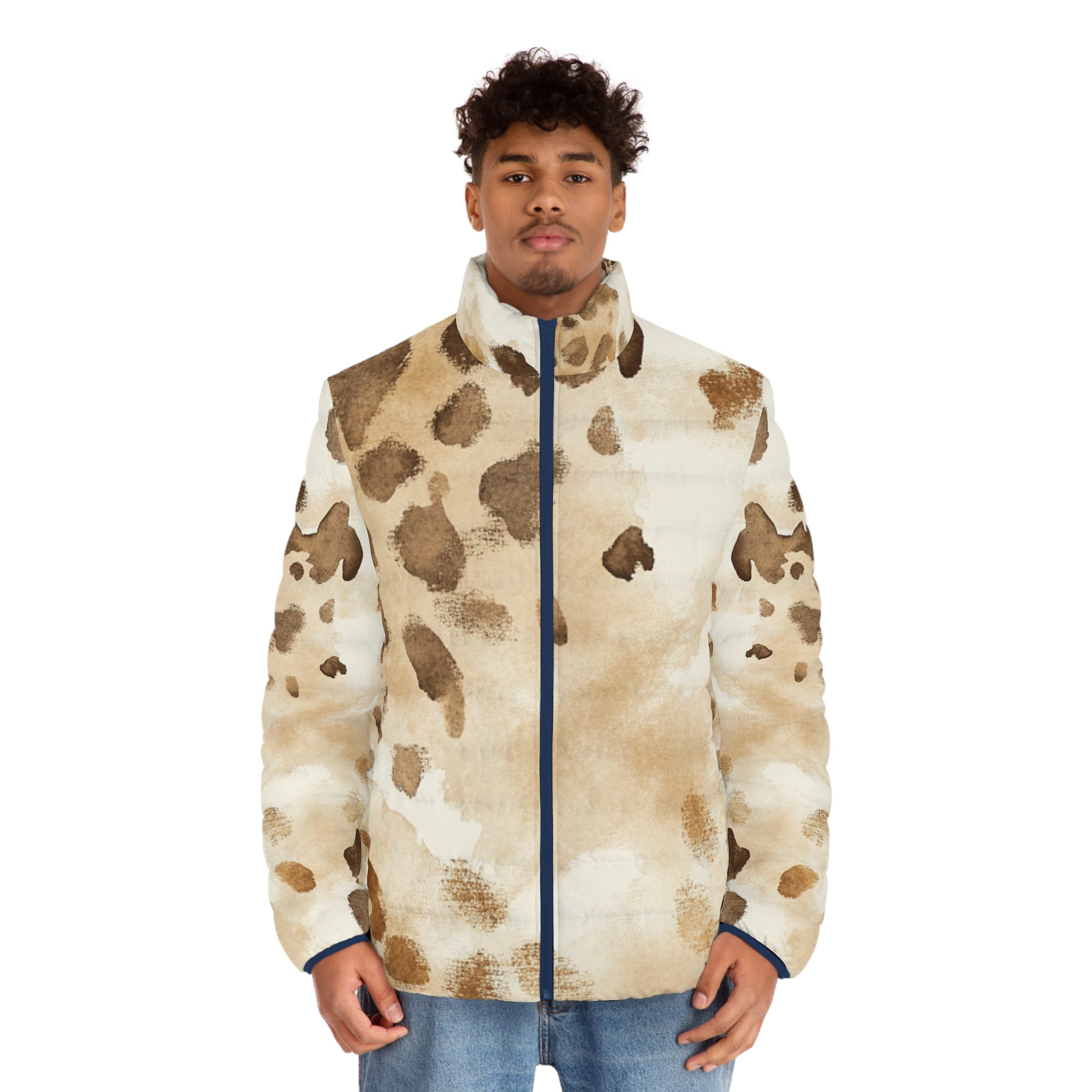 Beige Splotch Print Puffer Jacket, Artsulli - Art is Long, Life is Short, All Over Prints, , , , , , , 