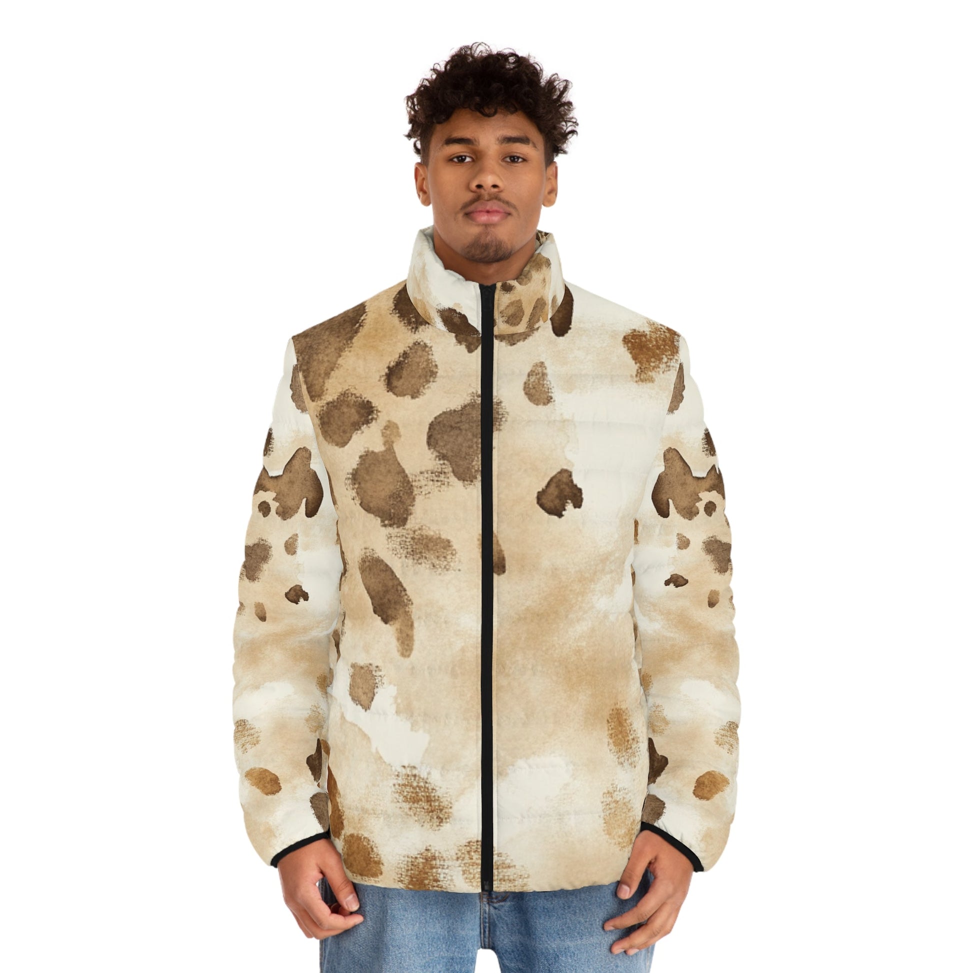 Beige Splotch Print Puffer Jacket, Artsulli - Art is Long, Life is Short, All Over Prints, , , , , , , 