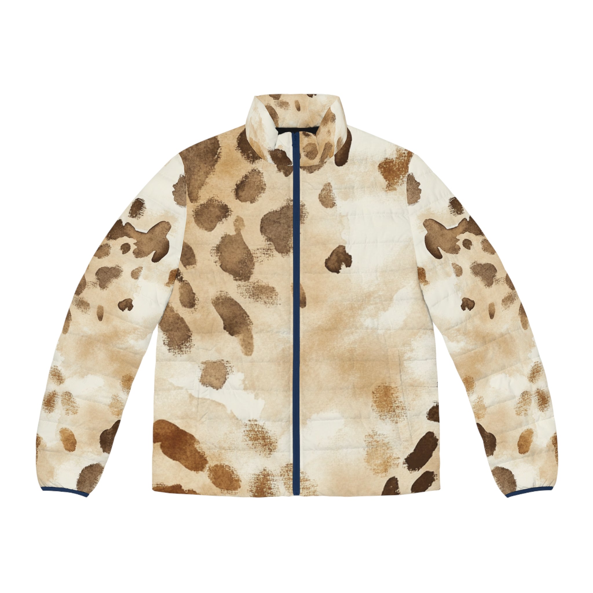 Beige Splotch Print Puffer Jacket, Artsulli - Art is Long, Life is Short, All Over Prints, Size, S, Color, Dark blue zipper, , , 66536352649552685917