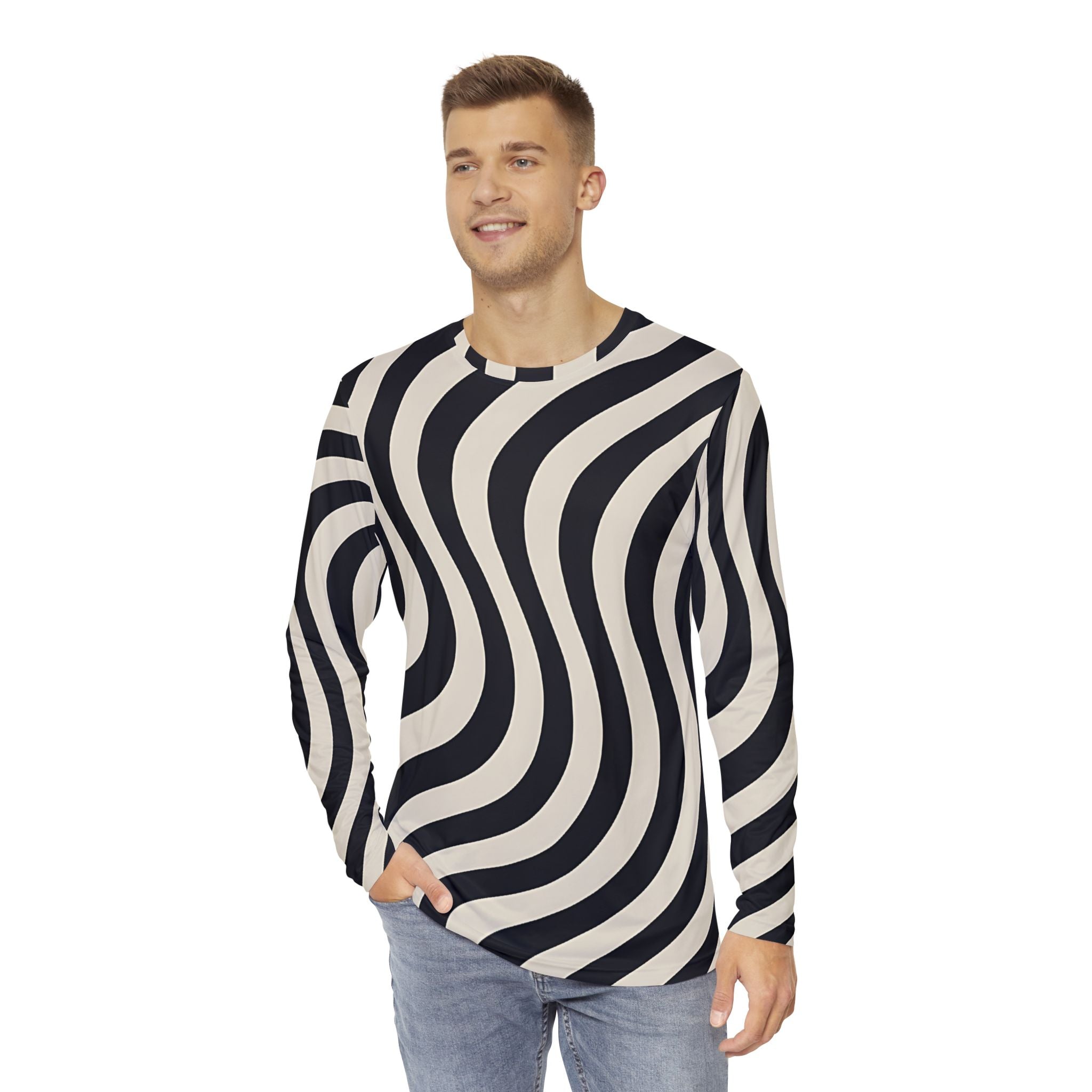Black and Beige Wavy Stripe Long Sleeve Shirt, Artsulli - Art is Long, Life is Short, All Over Prints, , , , , , , 