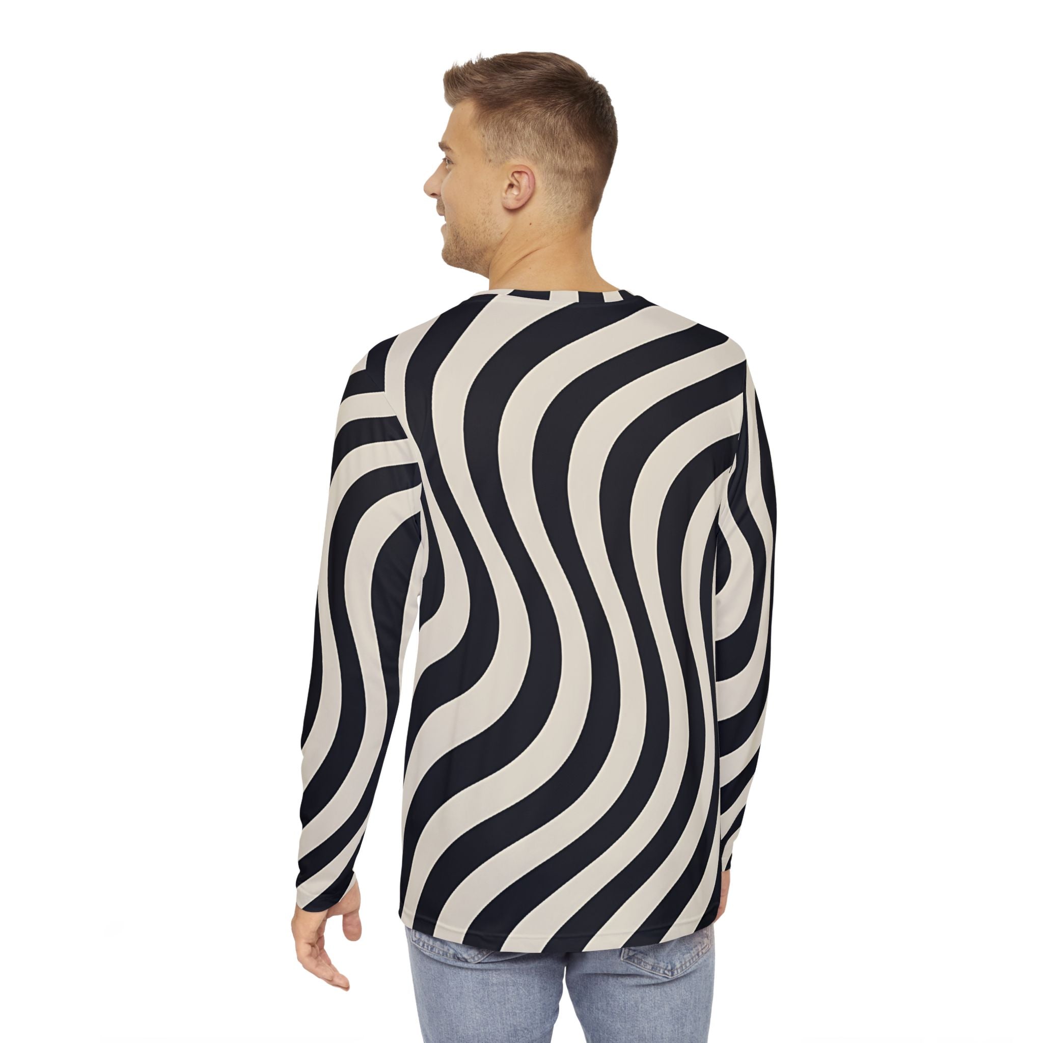 Black and Beige Wavy Stripe Long Sleeve Shirt, Artsulli - Art is Long, Life is Short, All Over Prints, , , , , , , 
