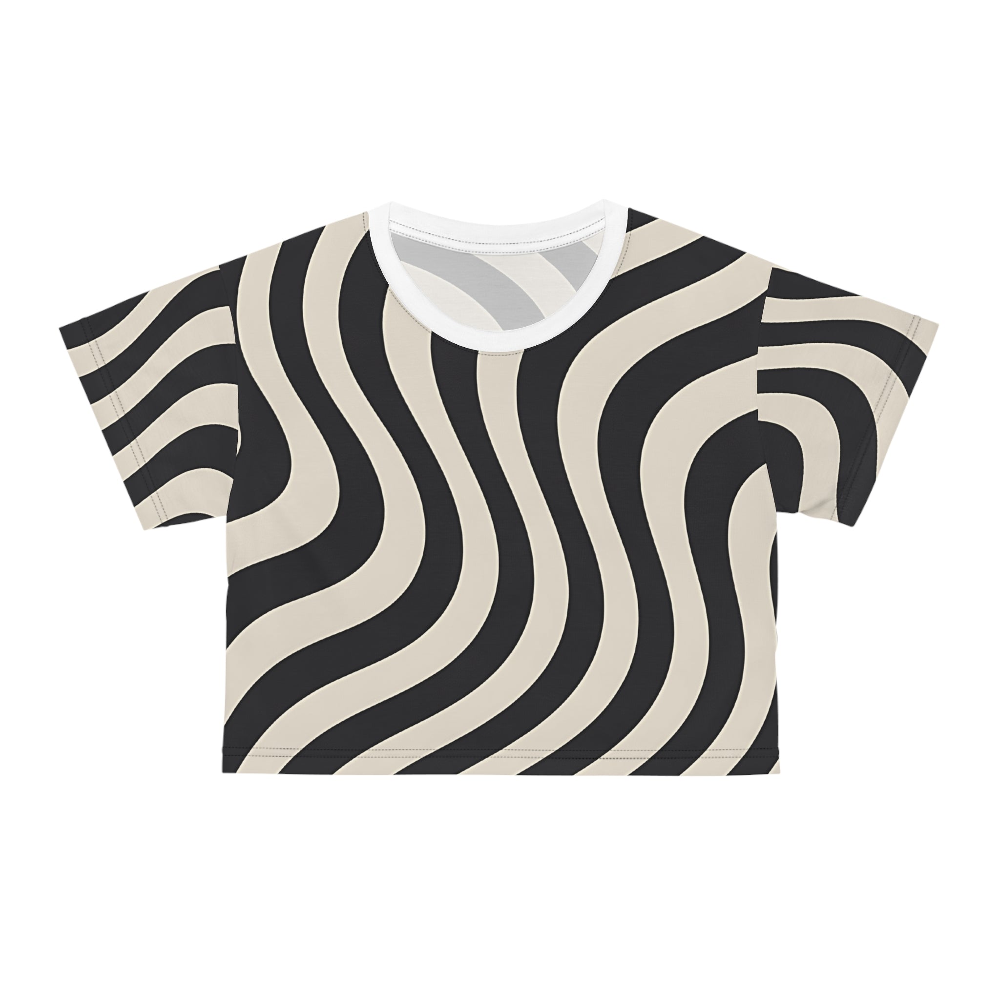 Black and Beige Wavy Striped Crop Top, Artsulli - Art is Long, Life is Short, All Over Prints, Color, Black stitching, Size, XS, , , 17653229654076933160