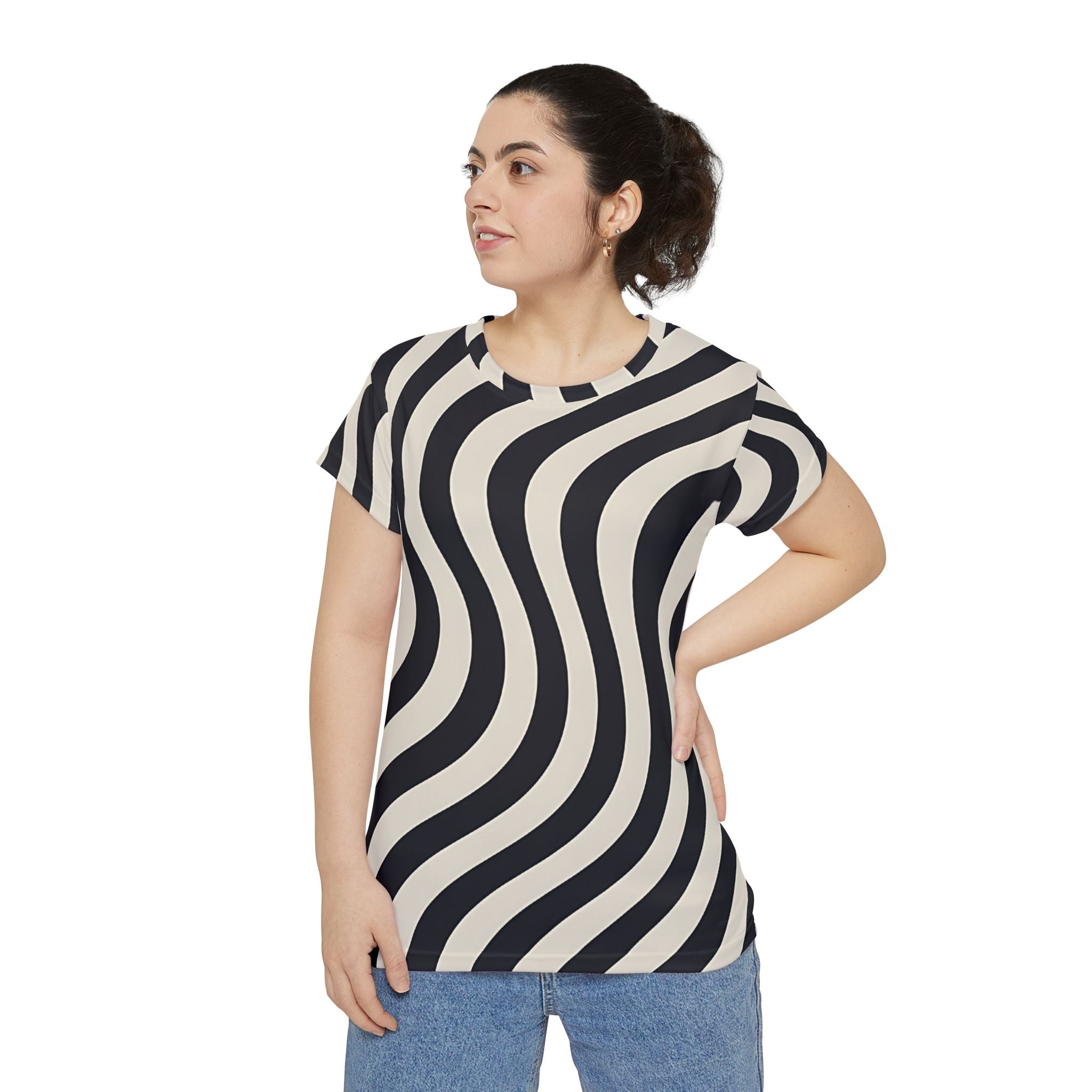 Black and Cream Wave Stripe Tee, Artsulli - Art is Long, Life is Short, All Over Prints, , , , , , , 