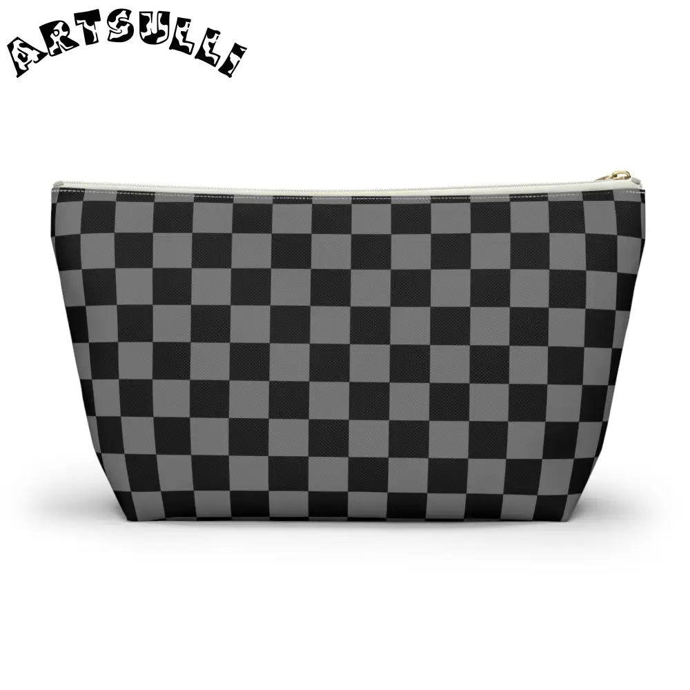 Black and Gray Checkerboard Art Printed T-Bottom Pouch, Artsulli - Art is Long, Life is Short, Bags, , , , , , , 