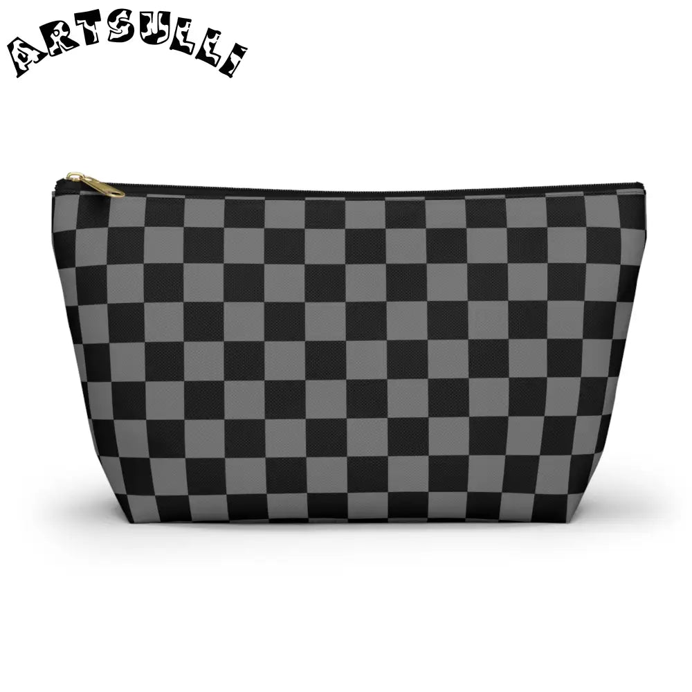 Black and Gray Checkerboard Art Printed T-Bottom Pouch, Artsulli - Art is Long, Life is Short, Bags, , , , , , , 