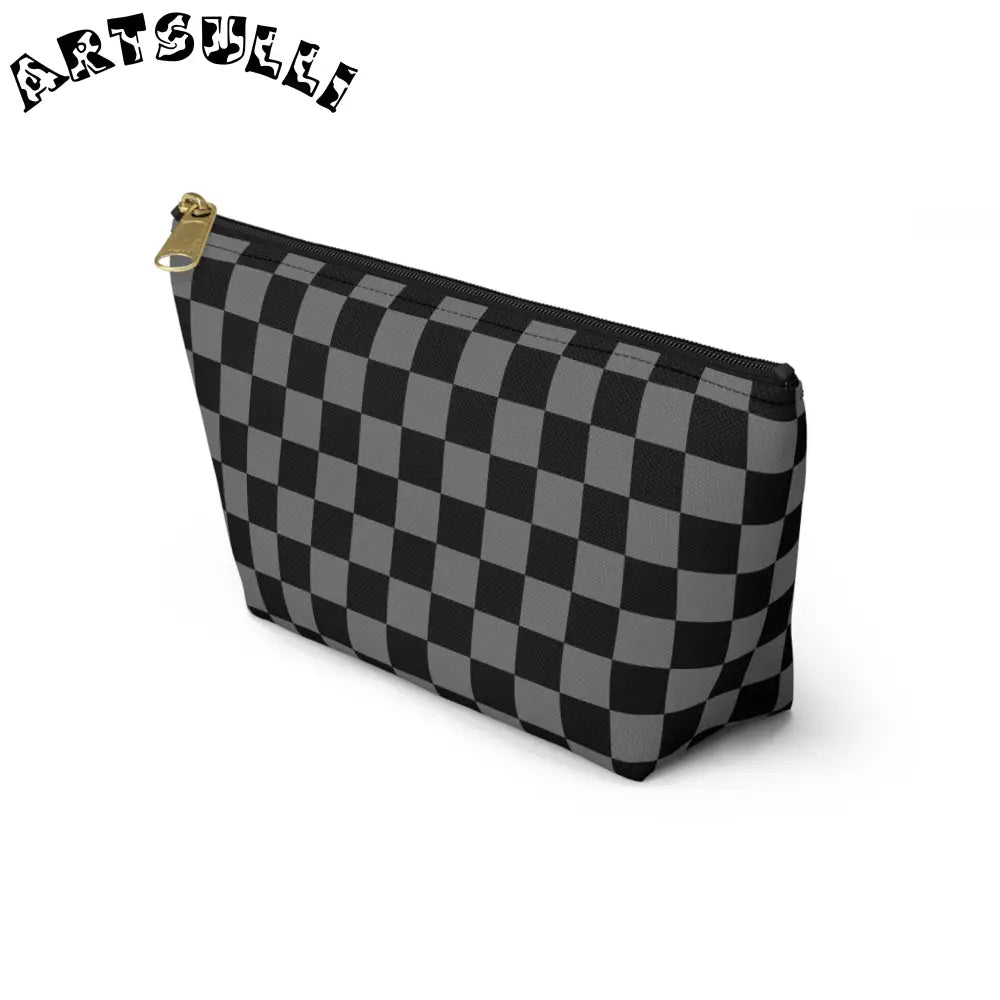 Black and Gray Checkerboard Art Printed T-Bottom Pouch, Artsulli - Art is Long, Life is Short, Bags, , , , , , , 