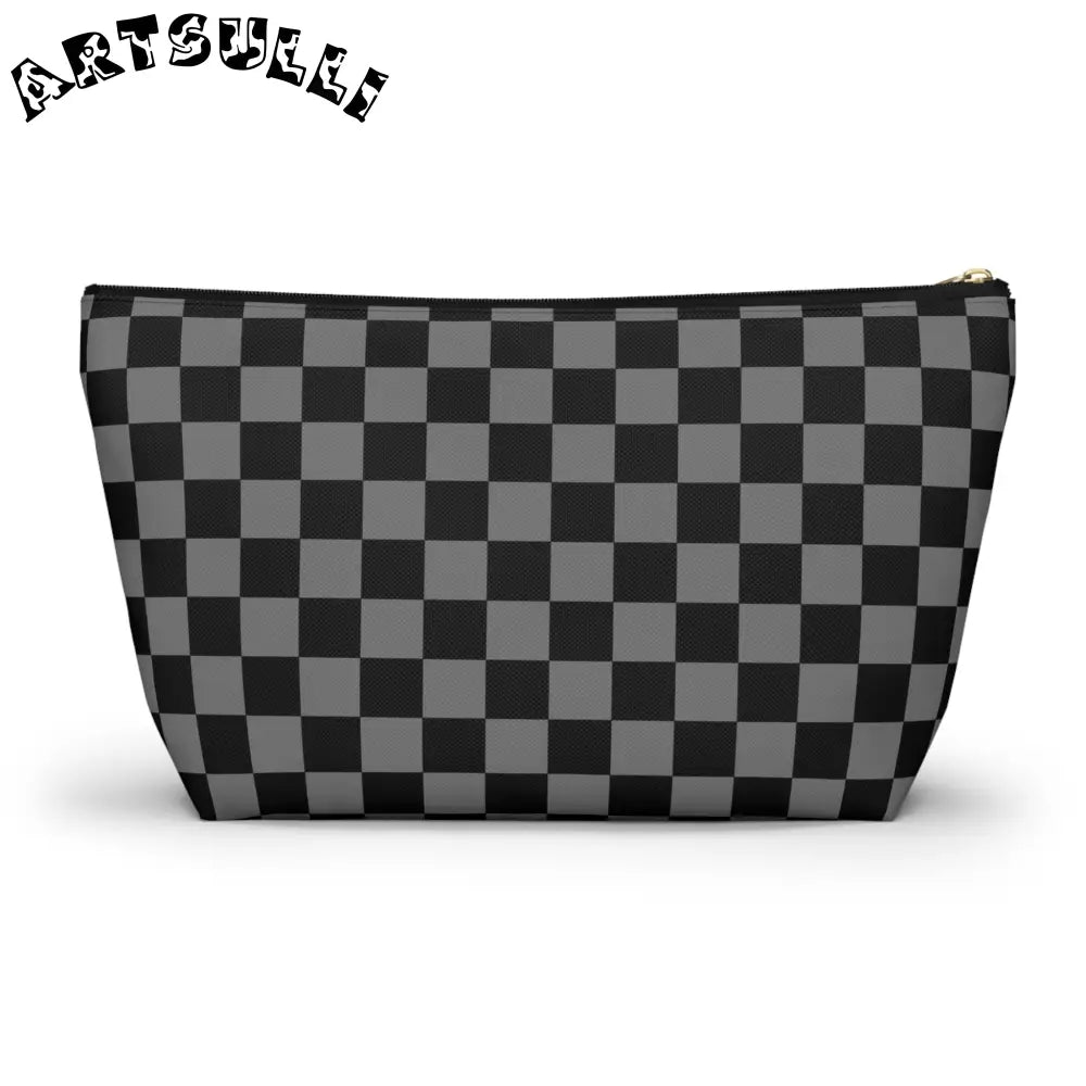 Black and Gray Checkerboard Art Printed T-Bottom Pouch, Artsulli - Art is Long, Life is Short, Bags, , , , , , , 