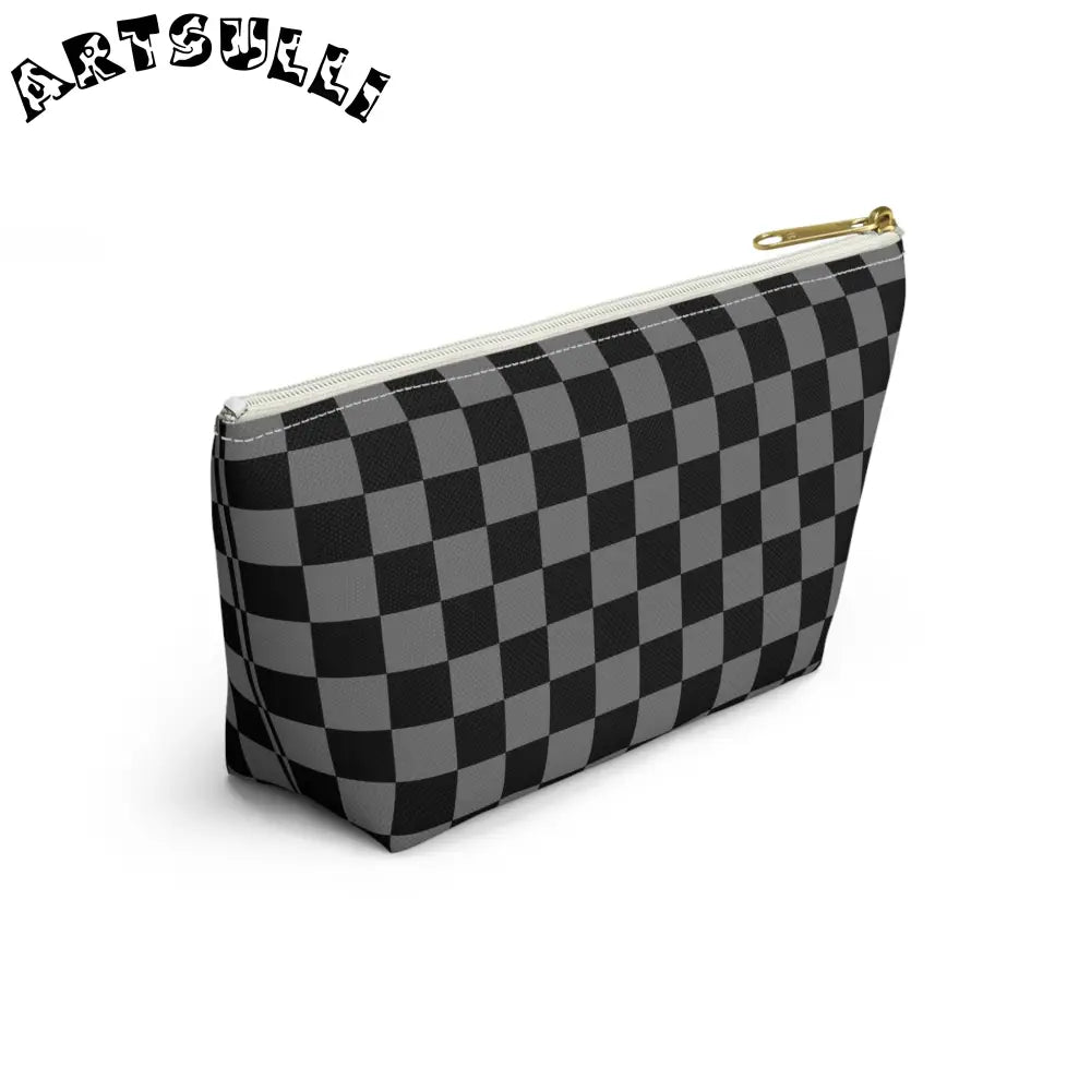 Black and Gray Checkerboard Art Printed T-Bottom Pouch, Artsulli - Art is Long, Life is Short, Bags, , , , , , , 