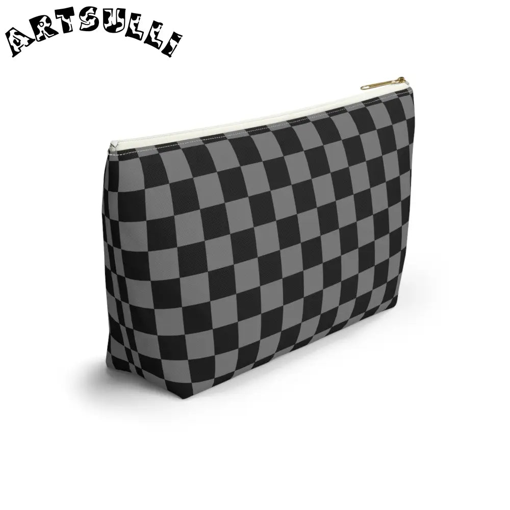 Black and Gray Checkerboard Art Printed T-Bottom Pouch, Artsulli - Art is Long, Life is Short, Bags, , , , , , , 