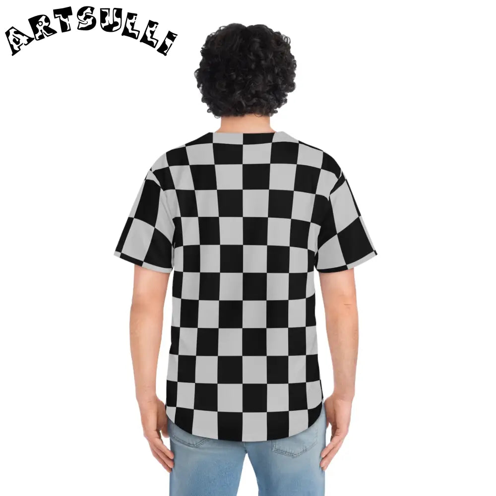 Black and Gray Checkerboard Baseball Jersey, Artsulli - Art is Long, Life is Short, All Over Prints, , , , , , , 