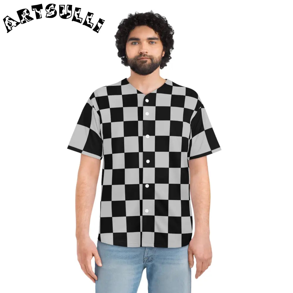 Black and Gray Checkerboard Baseball Jersey, Artsulli - Art is Long, Life is Short, All Over Prints, , , , , , , 