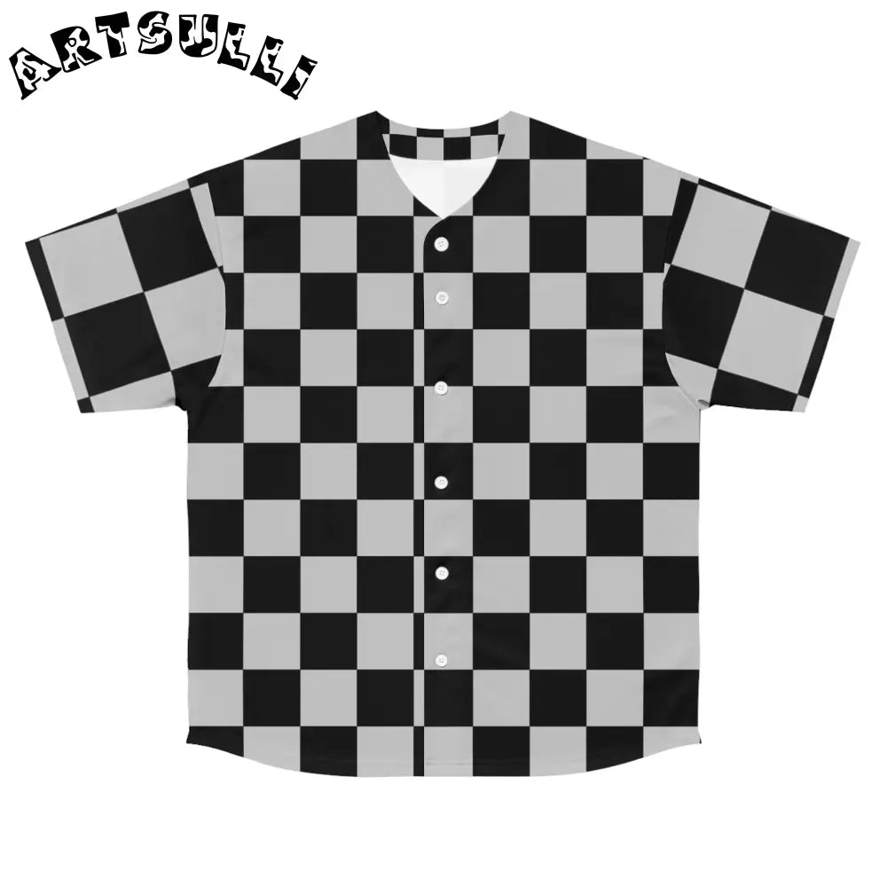 Black and Gray Checkerboard Baseball Jersey, Artsulli - Art is Long, Life is Short, All Over Prints, Size, S, Color, Seam thread color automatically matched to design, , , 23643474962713866497
