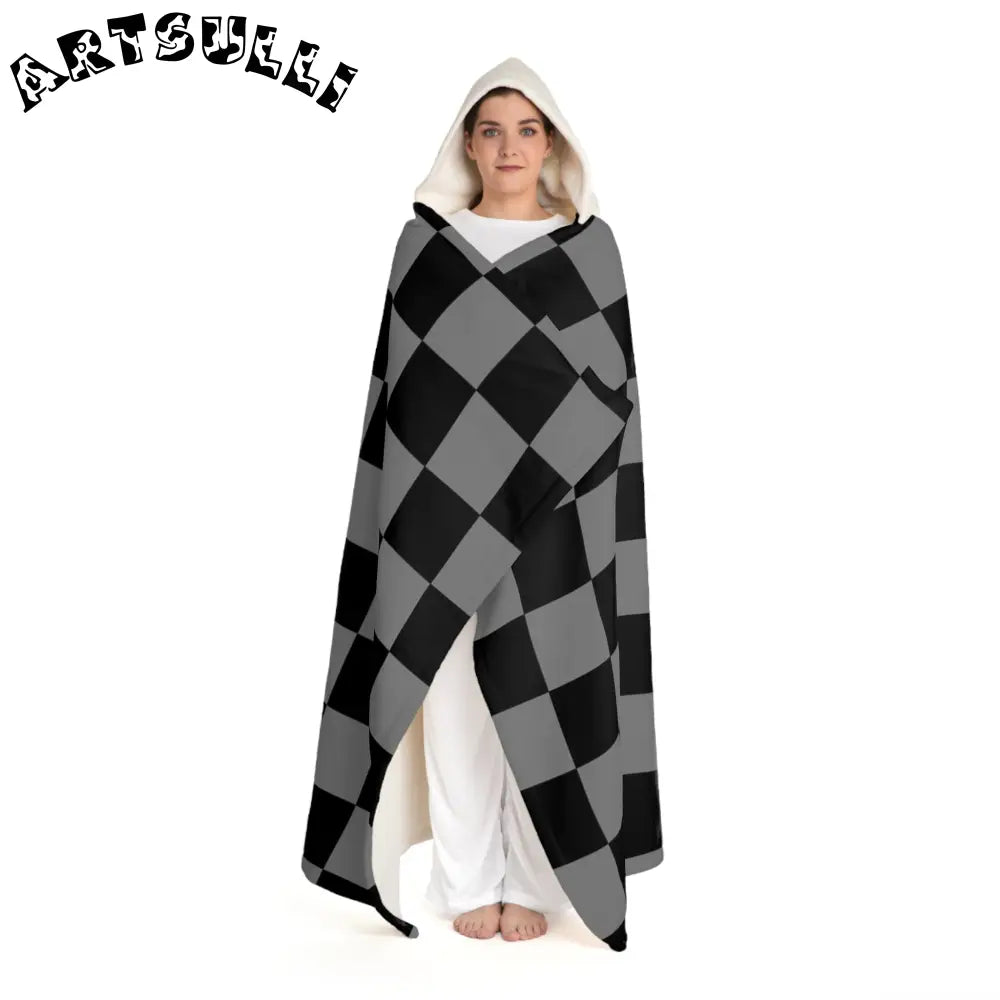 Black and Gray Checkered Hooded Sherpa Blanket, Artsulli - Art is Long, Life is Short, All Over Prints, , , , , , , 