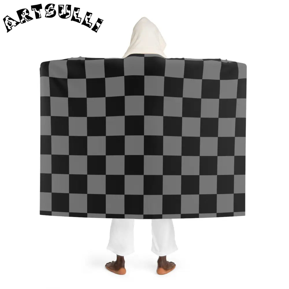 Black and Gray Checkered Hooded Sherpa Blanket, Artsulli - Art is Long, Life is Short, All Over Prints, , , , , , , 