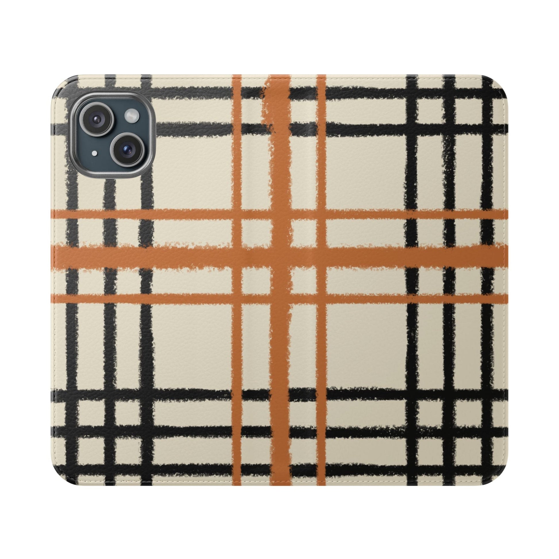 Black and Orange Plaid Flip Cases, Artsulli - Art is Long, Life is Short, Phone Case, Size, iPhone 15 Plus, , , , , 15751989747835437293