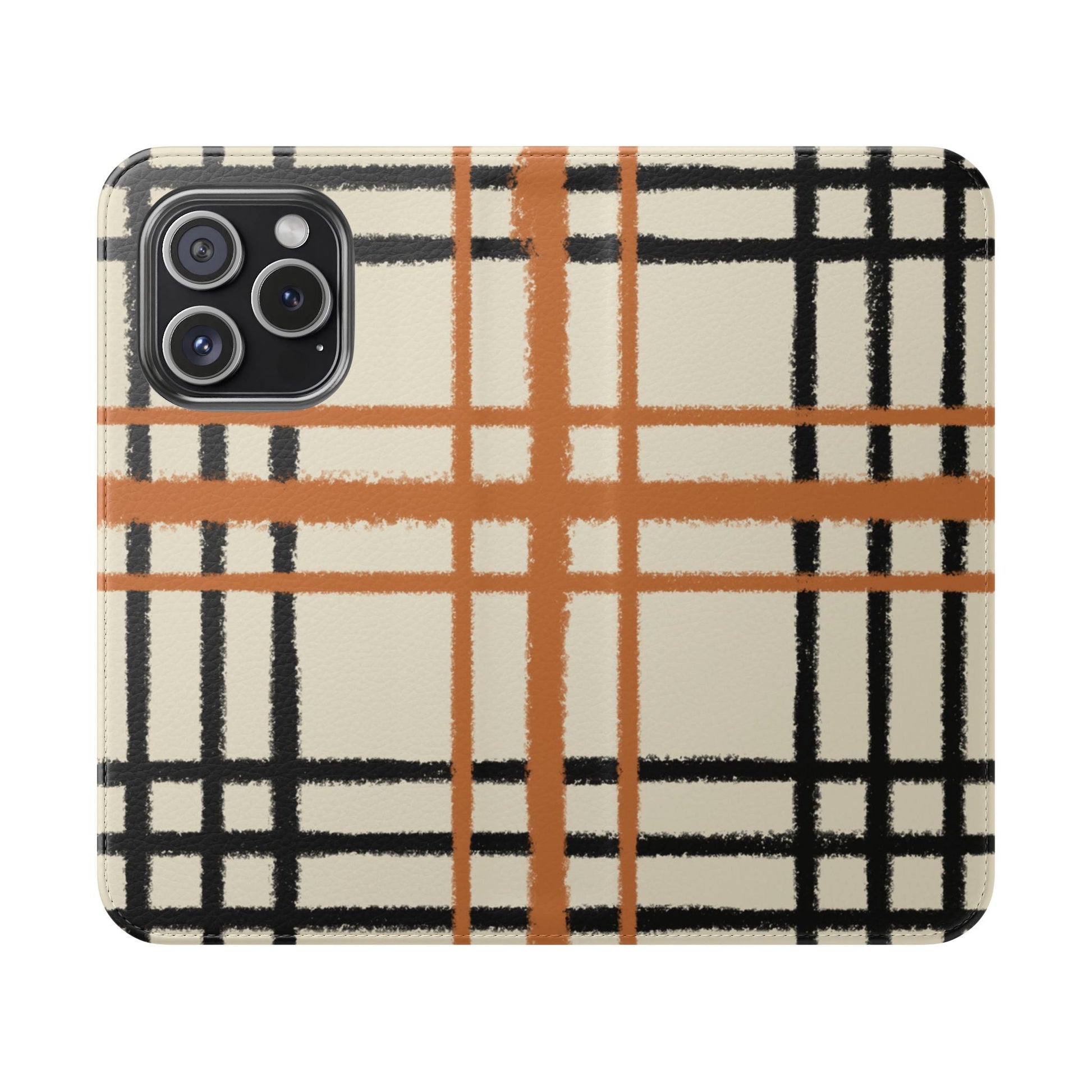 Black and Orange Plaid Flip Cases, Artsulli - Art is Long, Life is Short, Phone Case, Size, iPhone 15 Pro, , , , , 85147337349012259207
