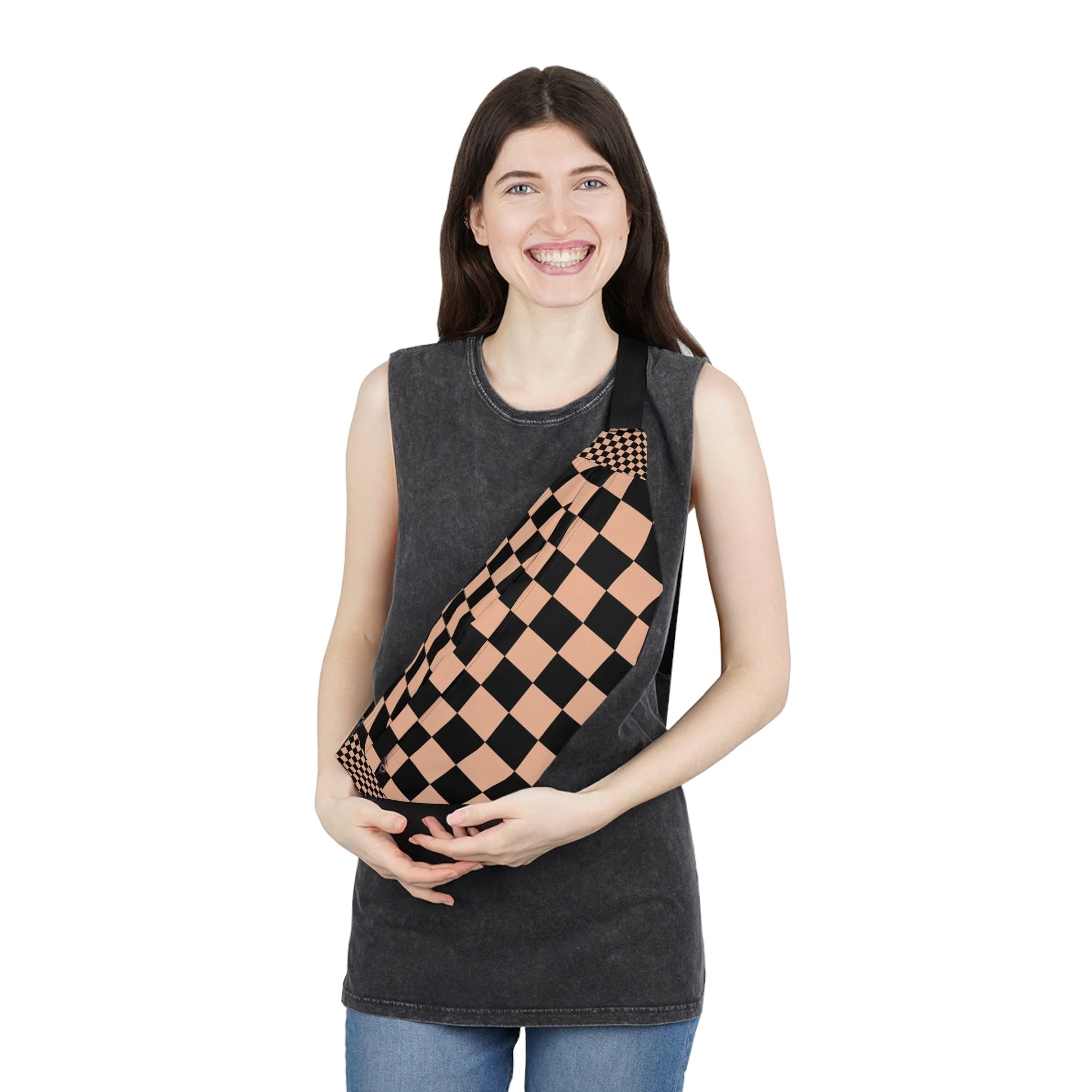 Black and Peach Check Print Fanny Pack, Artsulli - Art is Long, Life is Short, Bags, , , , , , , 