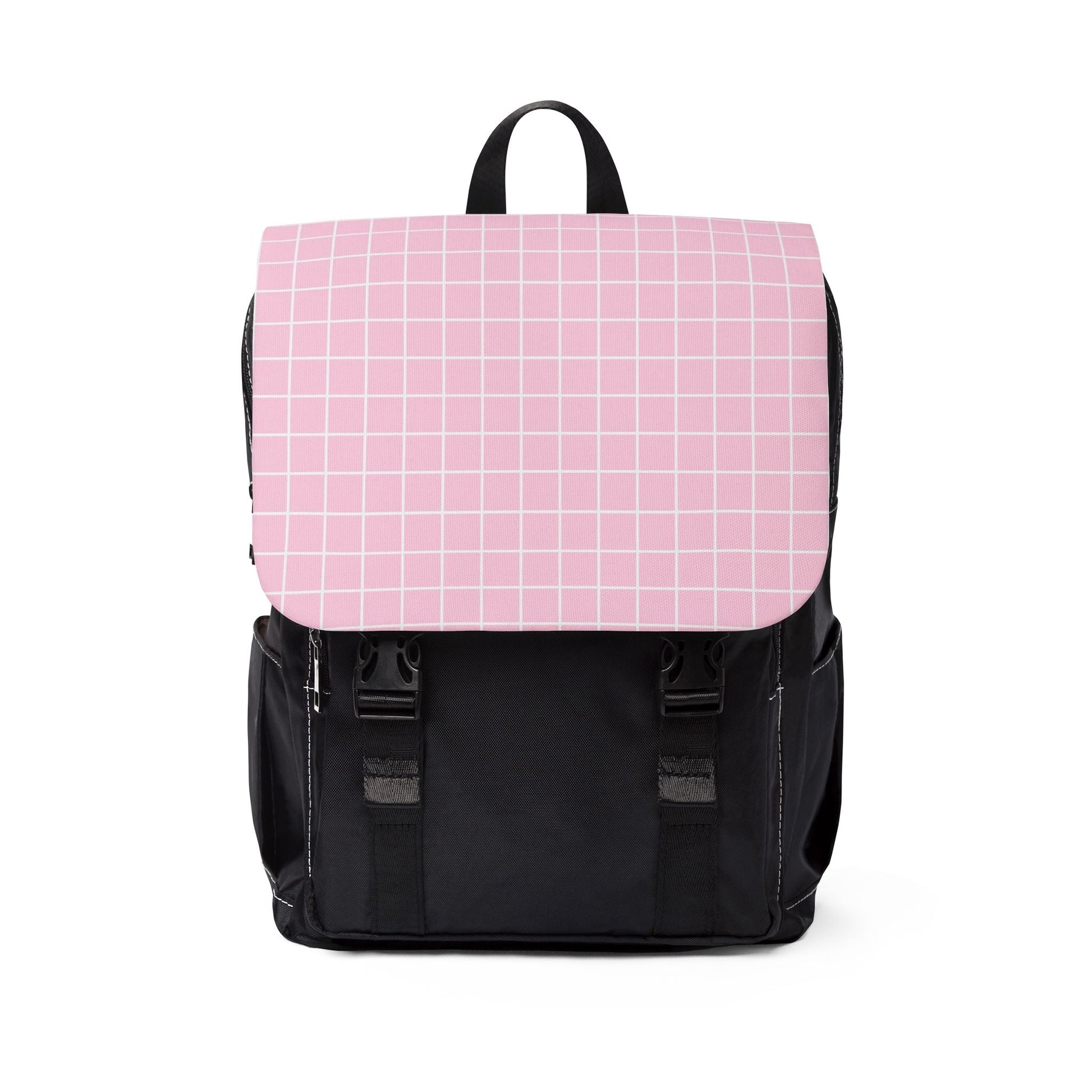 Black and Pink Grid Pattern Flap Backpack, Artsulli - Art is Long, Life is Short, Bags, Size, One size, , , , , 26999523051882945865