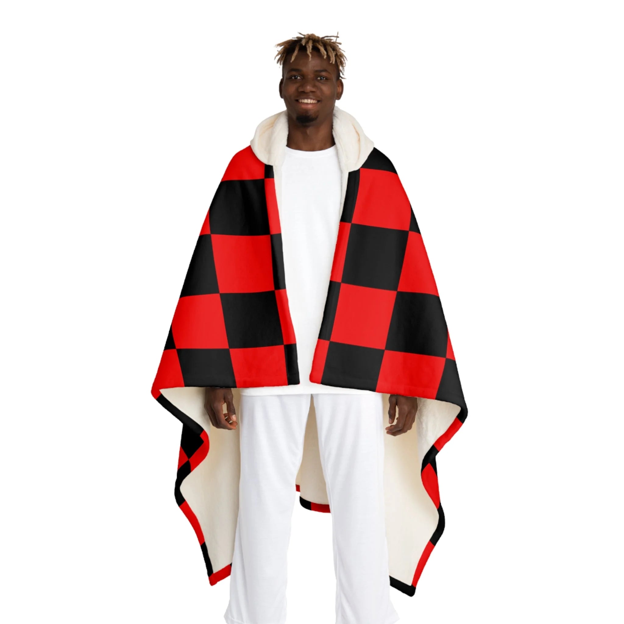 Black and Red Checkered Hooded Sherpa Fleece Blanket, Artsulli - Art is Long, Life is Short, All Over Prints, Size, One size, Color, Cream, , , 28443726445056911736