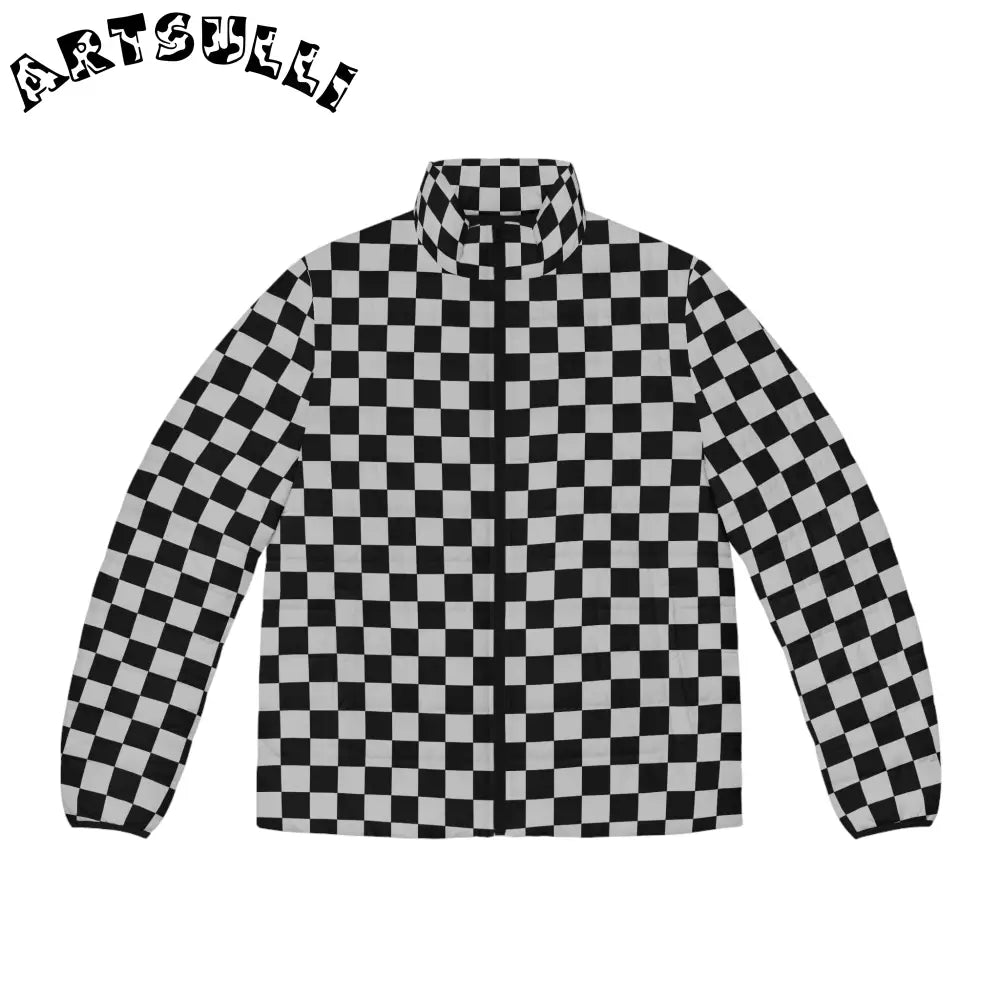 Black and White Checkerboard Puffer Jacket, Artsulli - Art is Long, Life is Short, All Over Prints, Size, S, Color, Black zipper, , , 42569857164285113057