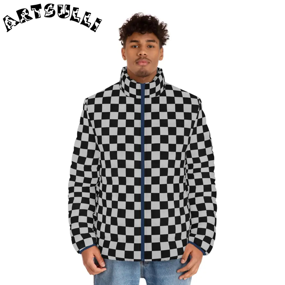 Black and White Checkerboard Puffer Jacket, Artsulli - Art is Long, Life is Short, All Over Prints, , , , , , , 