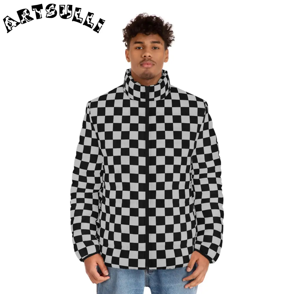 Black and White Checkerboard Puffer Jacket, Artsulli - Art is Long, Life is Short, All Over Prints, , , , , , , 