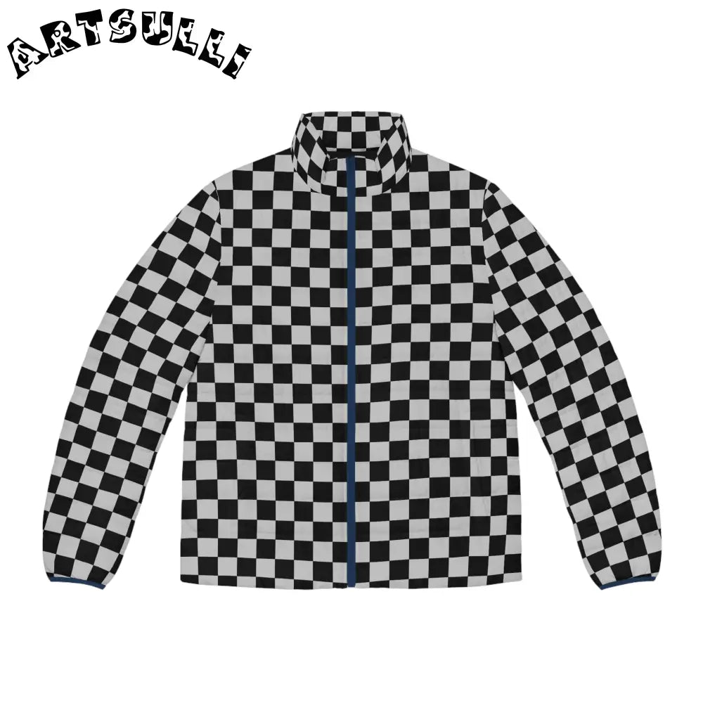 Black and White Checkerboard Puffer Jacket, Artsulli - Art is Long, Life is Short, All Over Prints, Size, S, Color, Dark blue zipper, , , 11691255257331491296