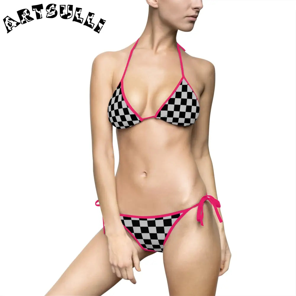 Black and White Checkered Bikini Swimsuit, Artsulli - Art is Long, Life is Short, All Over Prints, Size, S, Color, Pink, , , 18682480426342242861