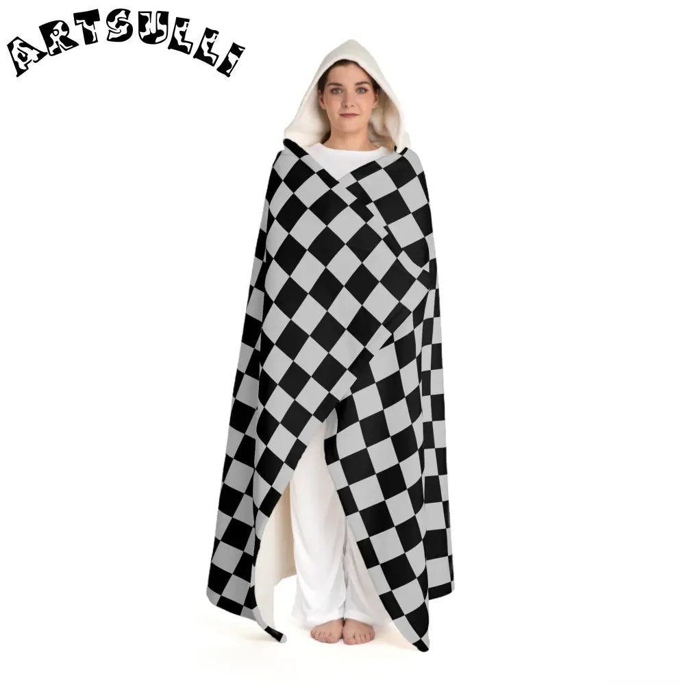 Black and White Checkered Hooded Fleece Blanket, Artsulli - Art is Long, Life is Short, All Over Prints, , , , , , , 