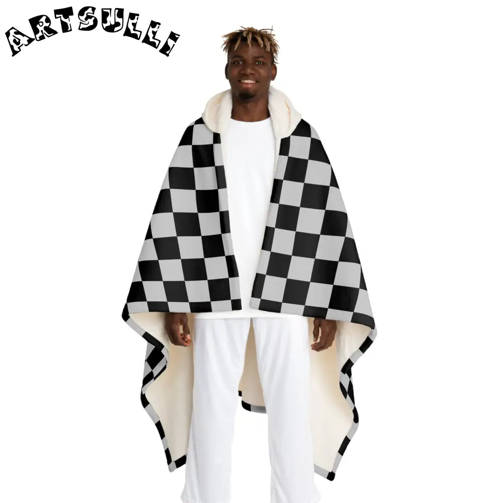 Black and White Checkered Hooded Fleece Blanket, Artsulli - Art is Long, Life is Short, All Over Prints, Size, One size, Color, Cream, , , 10295738034063837245