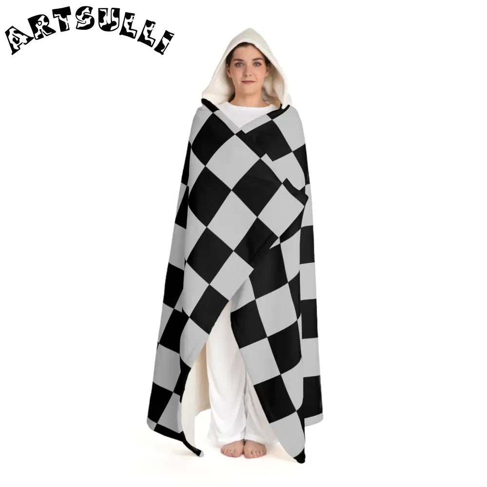Black and White Checkered Hooded Sherpa Blanket, Artsulli - Art is Long, Life is Short, All Over Prints, , , , , , , 