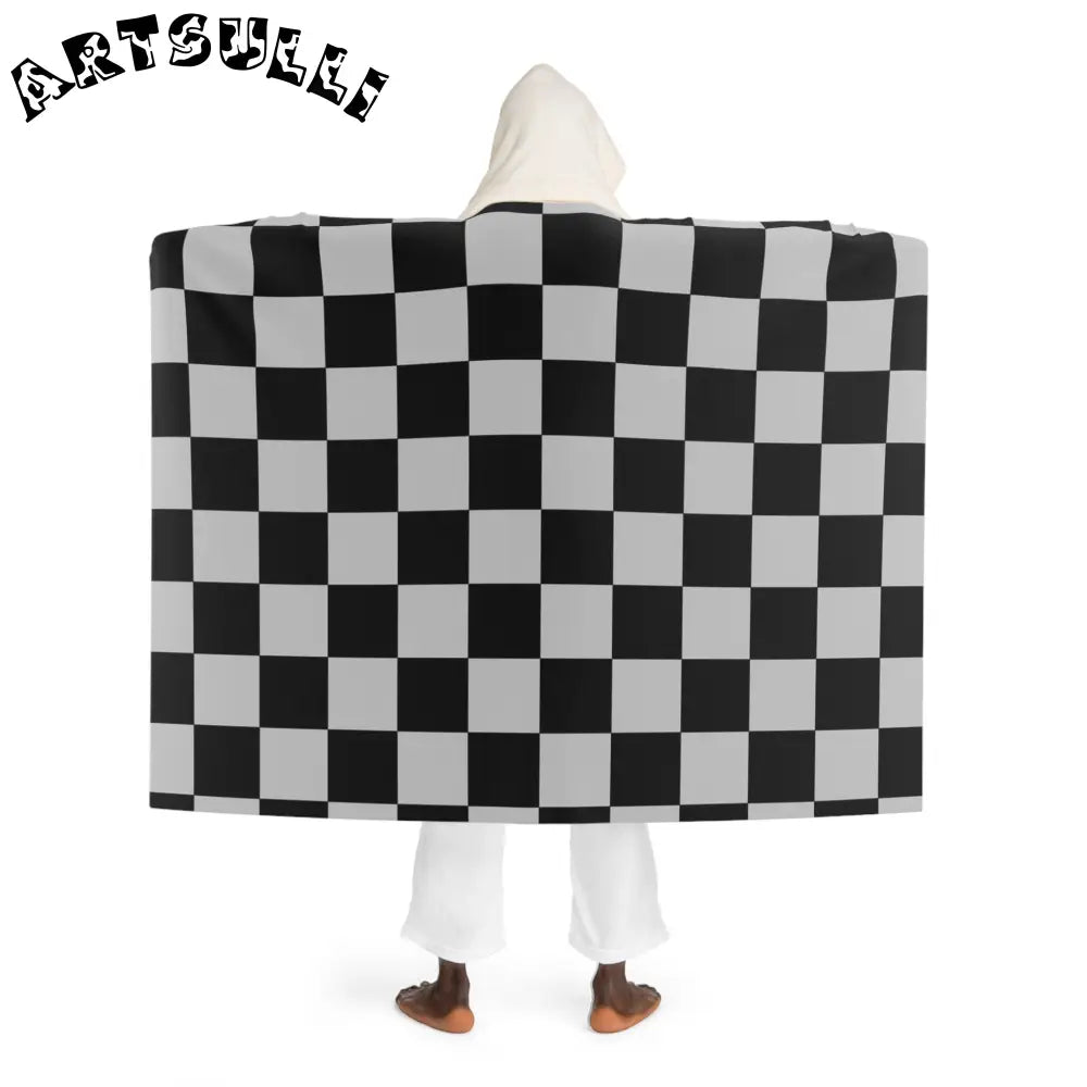 Black and White Checkered Hooded Sherpa Blanket, Artsulli - Art is Long, Life is Short, All Over Prints, , , , , , , 