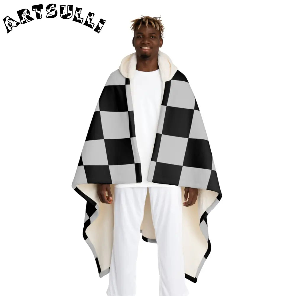 Black and White Checkered Hooded Sherpa Blanket, Artsulli - Art is Long, Life is Short, All Over Prints, Size, One size, Color, Cream, , , 11841523911833217141