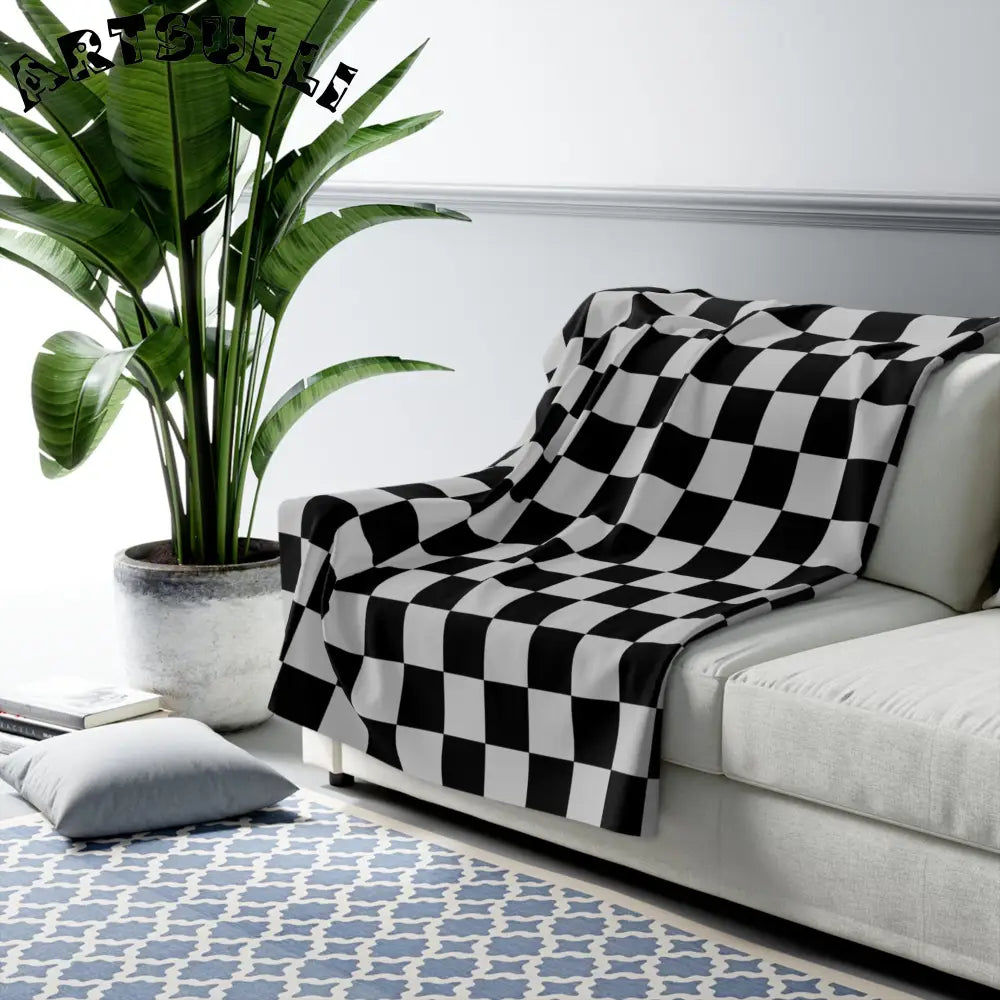 Black and White Checkered Sherpa Fleece Blanket, Artsulli - Art is Long, Life is Short, Home Decor, , , , , , , 