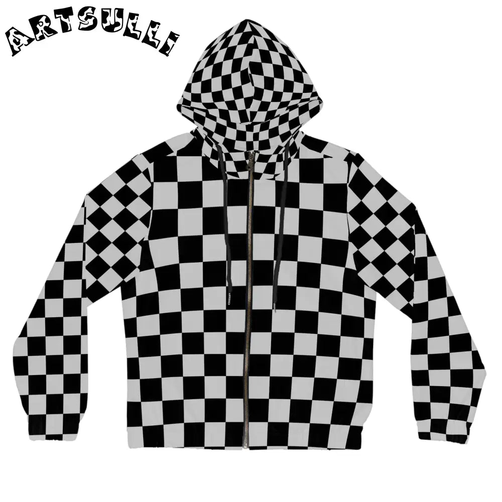 Black and White Checkered Zip Hoodie, Artsulli - Art is Long, Life is Short, All Over Prints, Size, XS, Color, Black, , , 19043287877077038237