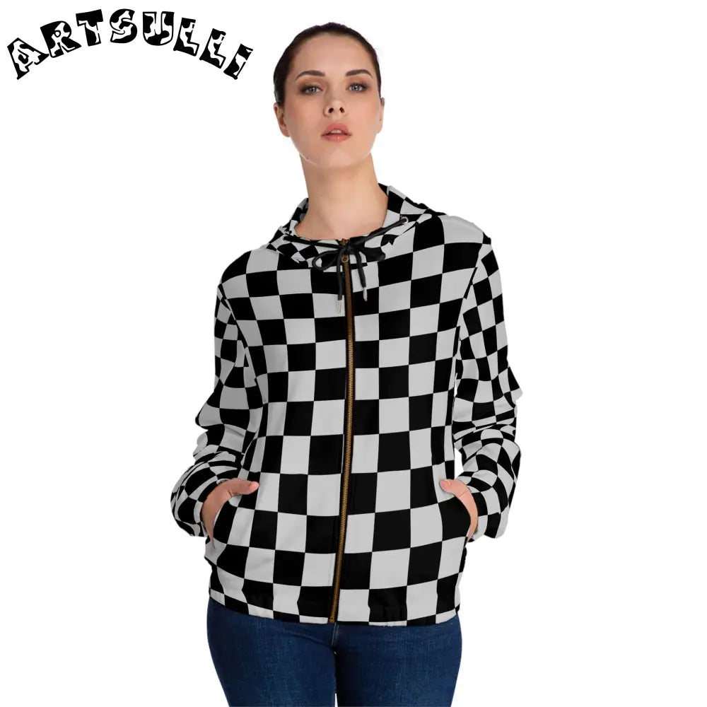 Black and White Checkered Zip Hoodie, Artsulli - Art is Long, Life is Short, All Over Prints, , , , , , , 