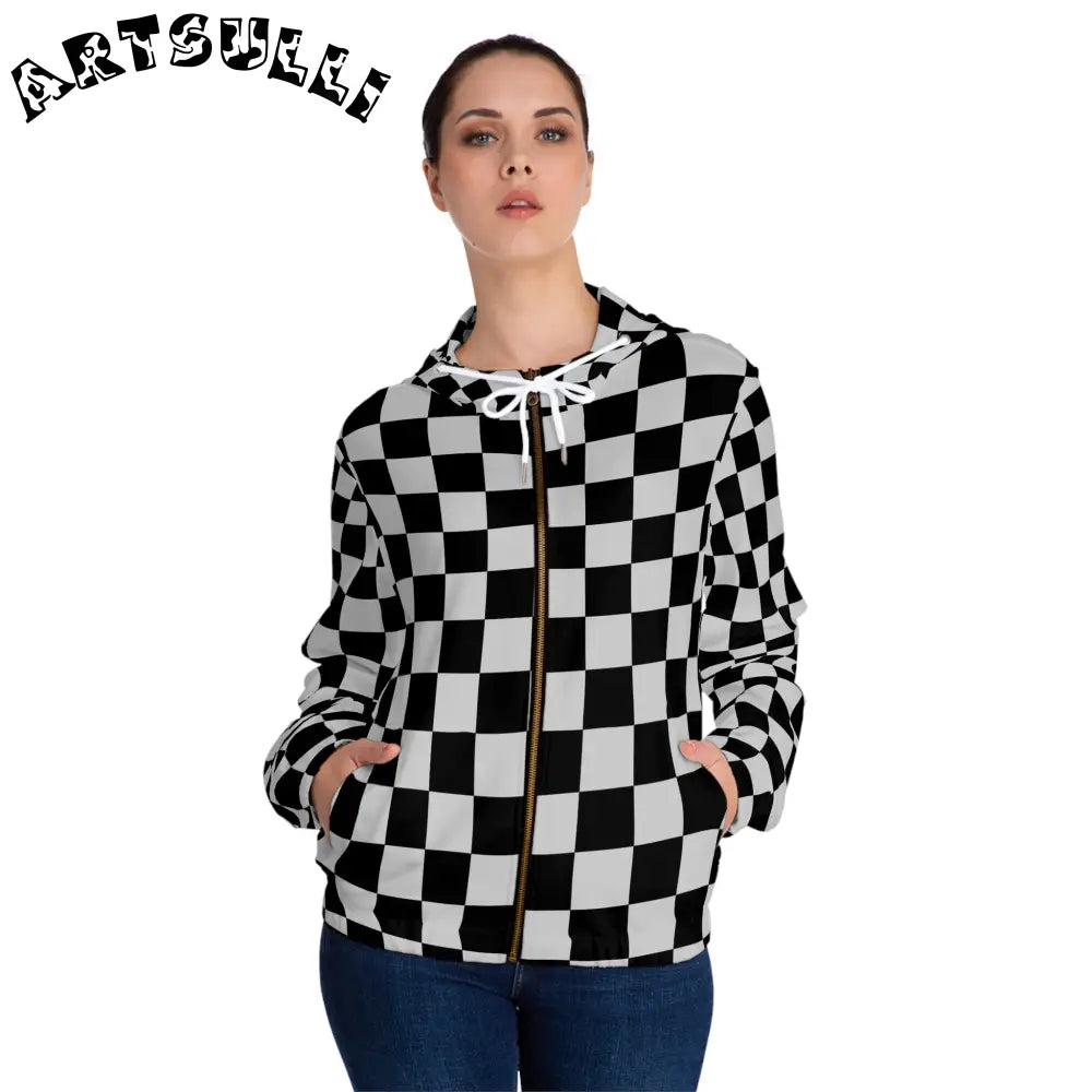 Black and White Checkered Zip Hoodie, Artsulli - Art is Long, Life is Short, All Over Prints, , , , , , , 
