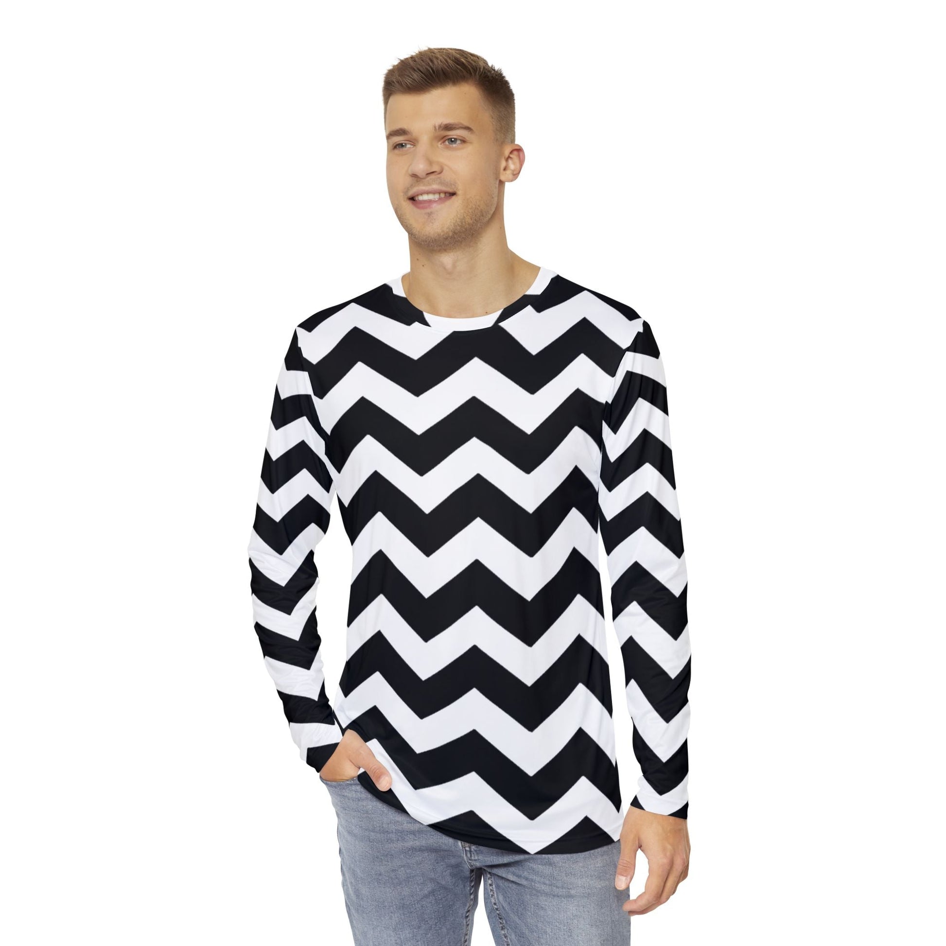 Black and White Chevron Long-Sleeve Shirt, Artsulli - Art is Long, Life is Short, All Over Prints, , , , , , , 