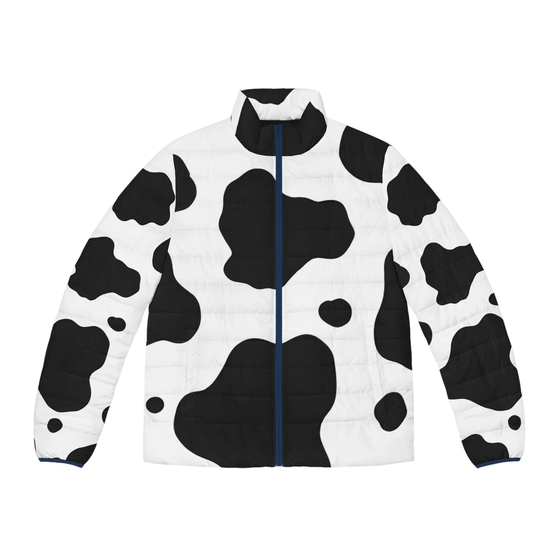 Black and White Cow Print Puffer Jacket, Artsulli - Art is Long, Life is Short, All Over Prints, Size, S, Color, Dark blue zipper, , , 33692653162050