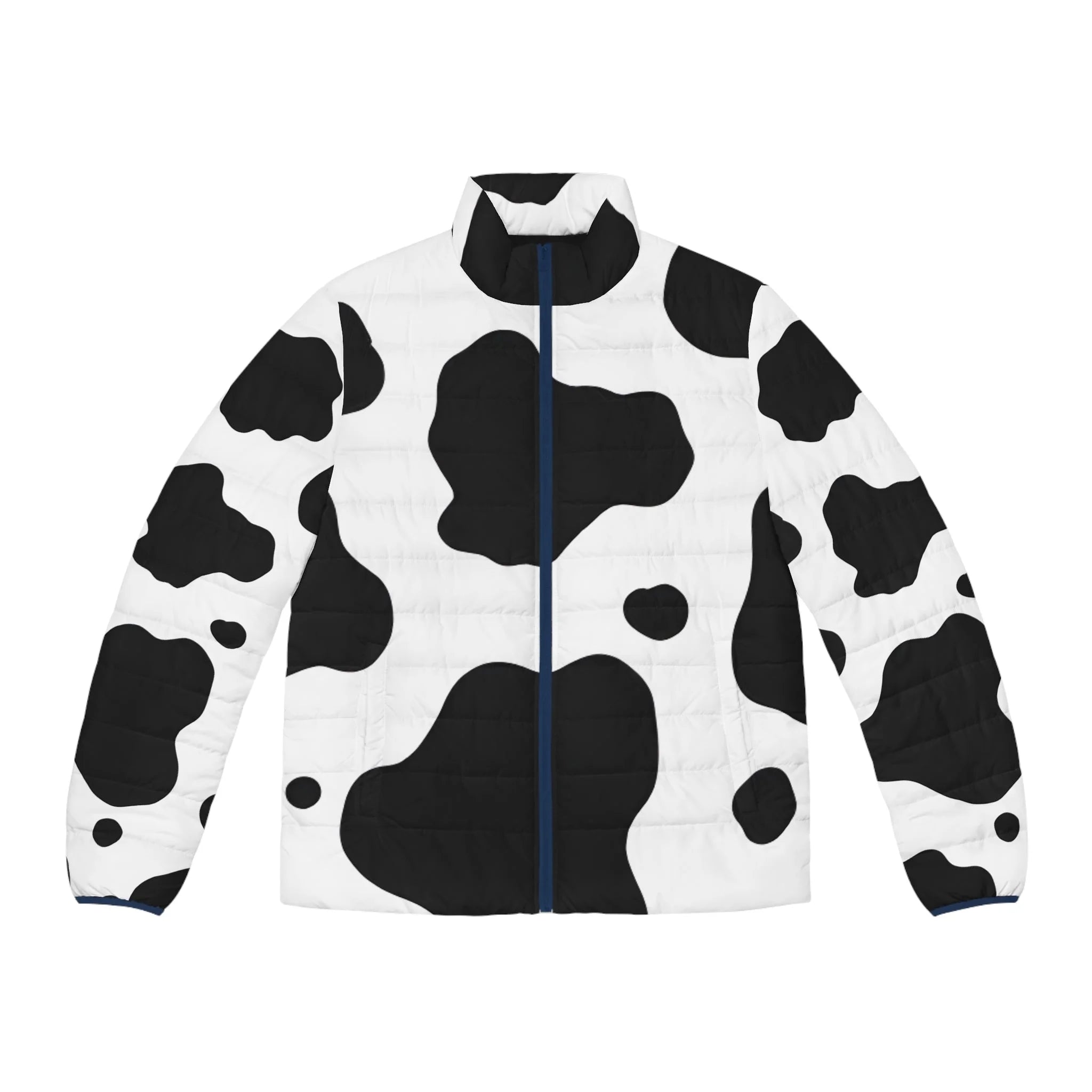 Black and White Cow Print Puffer Jacket, Artsulli - Art is Long, Life is Short, All Over Prints, Size, S, Color, Dark blue zipper, , , 33692653162050