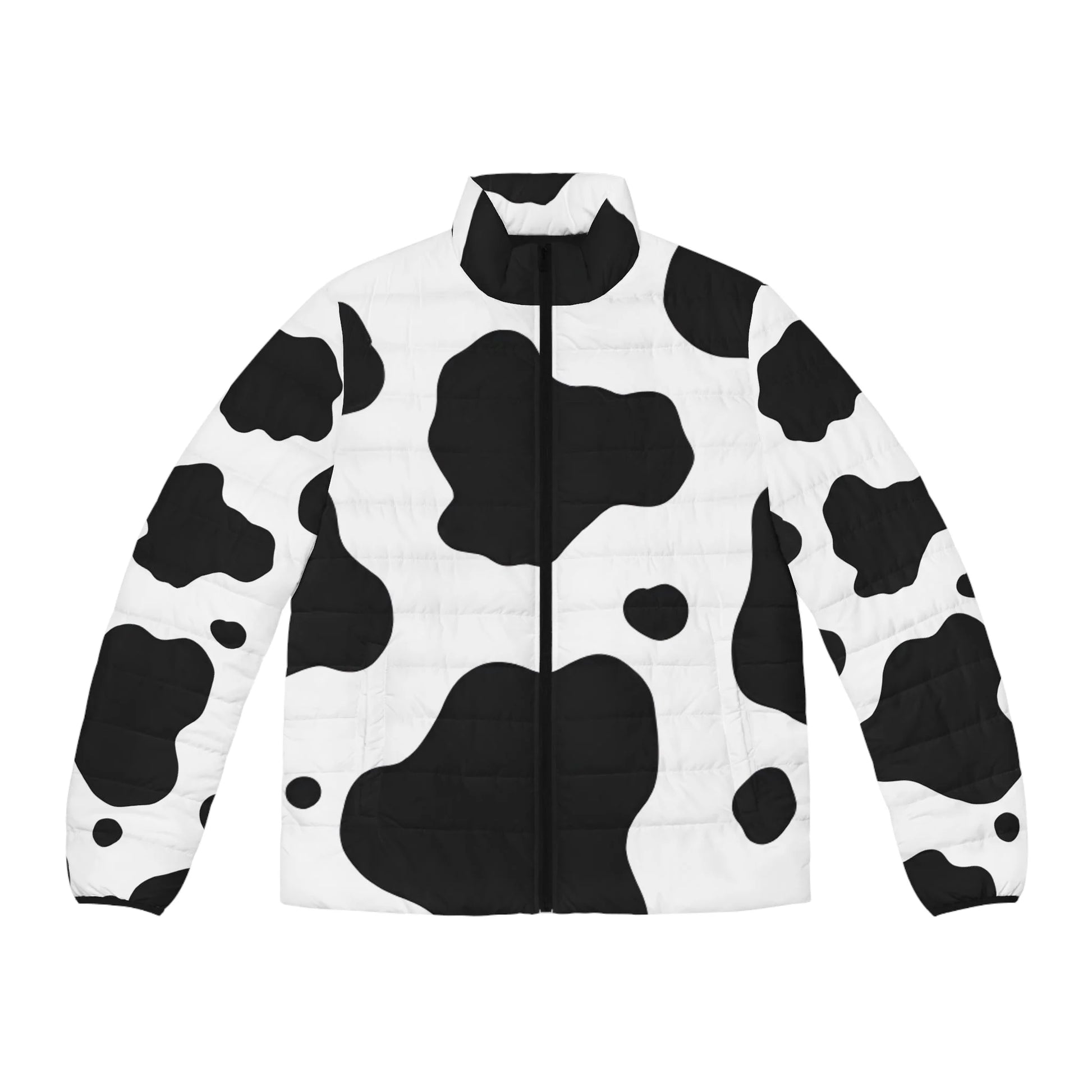 Black and White Cow Print Puffer Jacket, Artsulli - Art is Long, Life is Short, All Over Prints, Size, S, Color, Black zipper, , , 33707188252651
