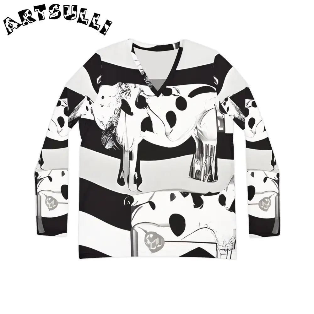Black and White Cow Print V Neck Long Sleeve Shirt, Artsulli - Art is Long, Life is Short, All Over Prints, Size, XS, , , , , 17219586039452437630