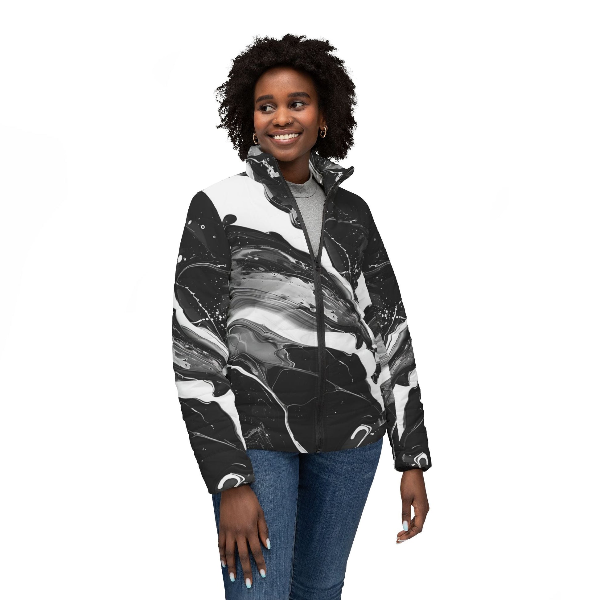 Black and White Marbled Puffer Jacket, Artsulli - Art is Long, Life is Short, All Over Prints, , , , , , , 