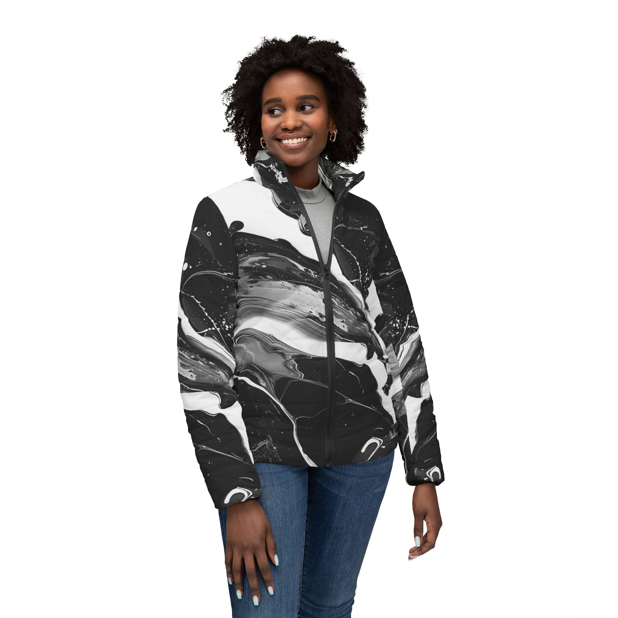 Black and White Marbled Puffer Jacket, Artsulli - Art is Long, Life is Short, All Over Prints, , , , , , , 
