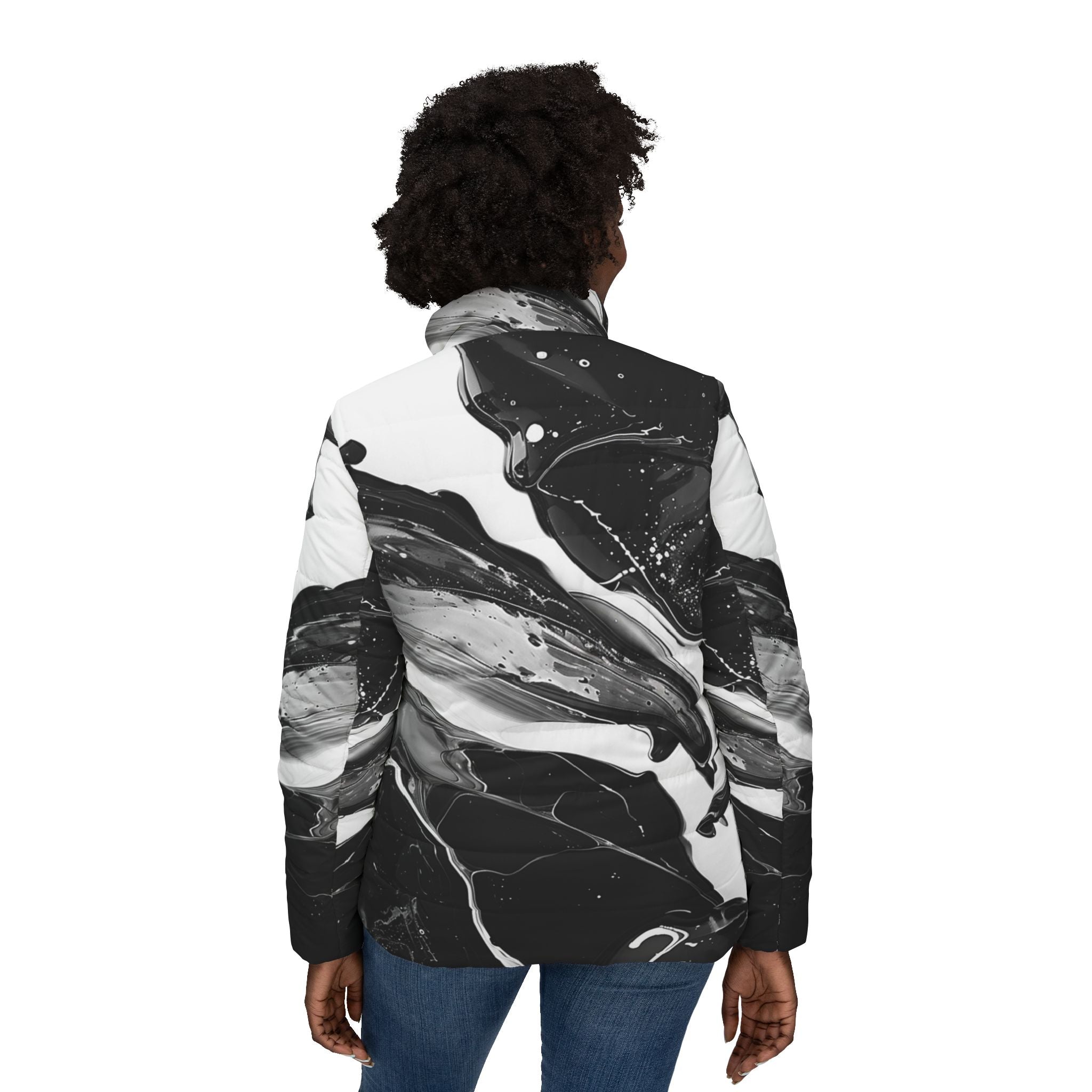 Black and White Marbled Puffer Jacket, Artsulli - Art is Long, Life is Short, All Over Prints, , , , , , , 