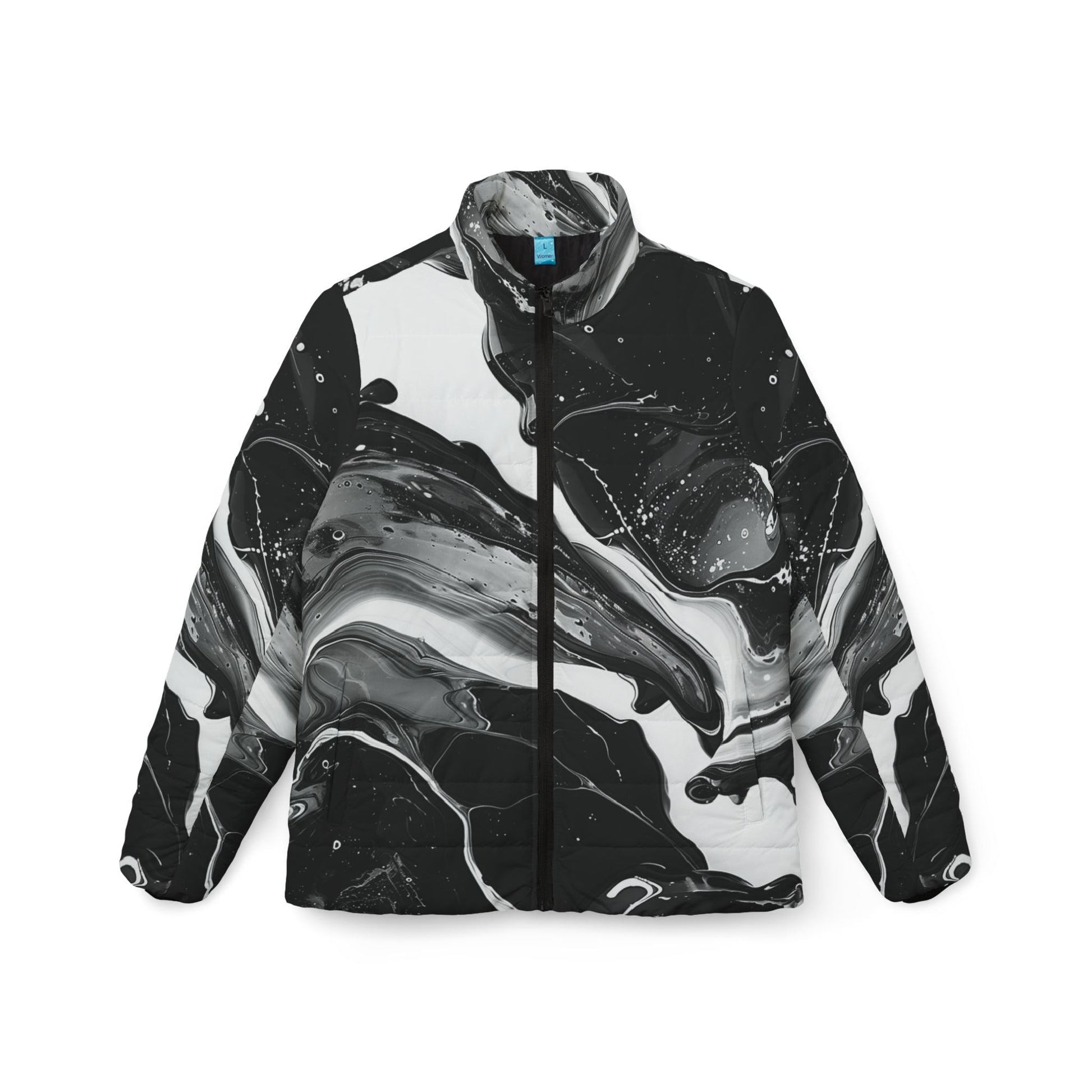 Black and White Marbled Puffer Jacket, Artsulli - Art is Long, Life is Short, All Over Prints, Size, XS, , , , , 73029696797395212988