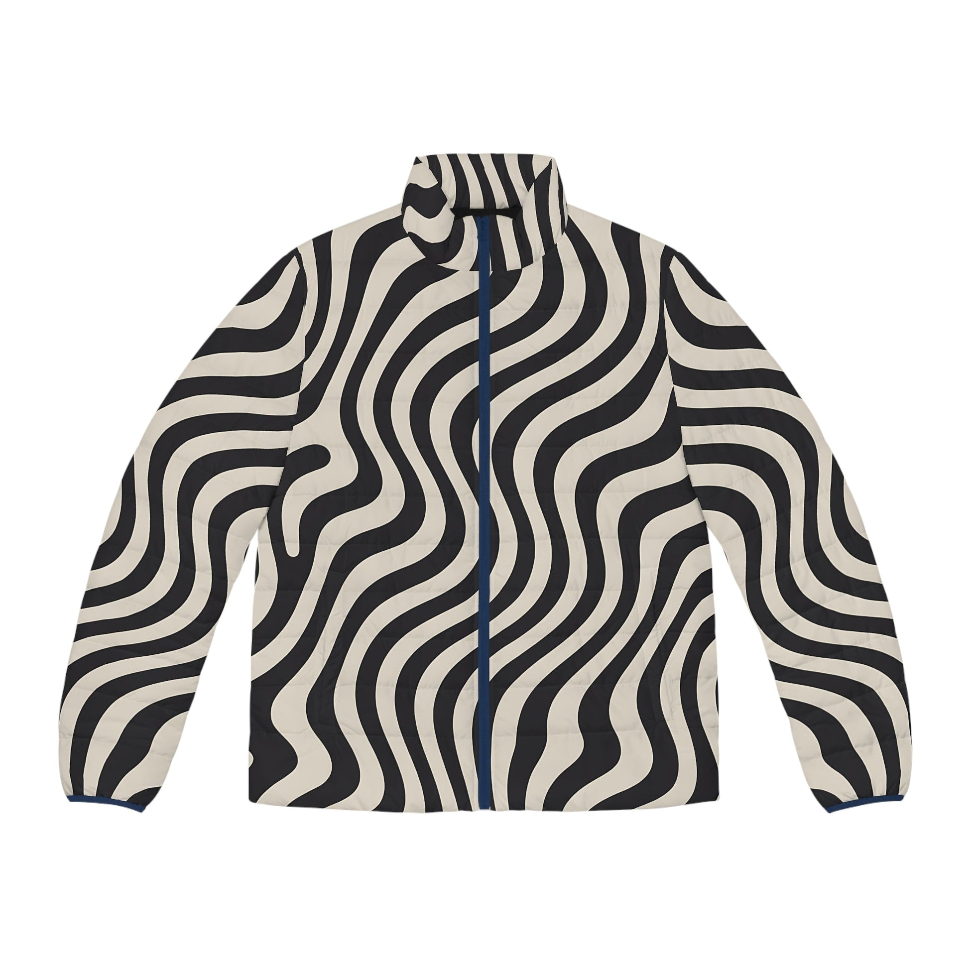 Black and White Wavy Stripe Puffer Jacket, Artsulli - Art is Long, Life is Short, All Over Prints, Size, S, Color, Dark blue zipper, , , 23158445502696773478